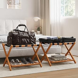 Pack of 2 Fully Assembled Bamboo Luggage Racks with Shoe Shelf, 5 Heavy-Duty Straps Folding Suitcase Stand, Luggage Holders for Guest Room Must Haves, Ideal for Bedroom, Hotel, Honey Oak