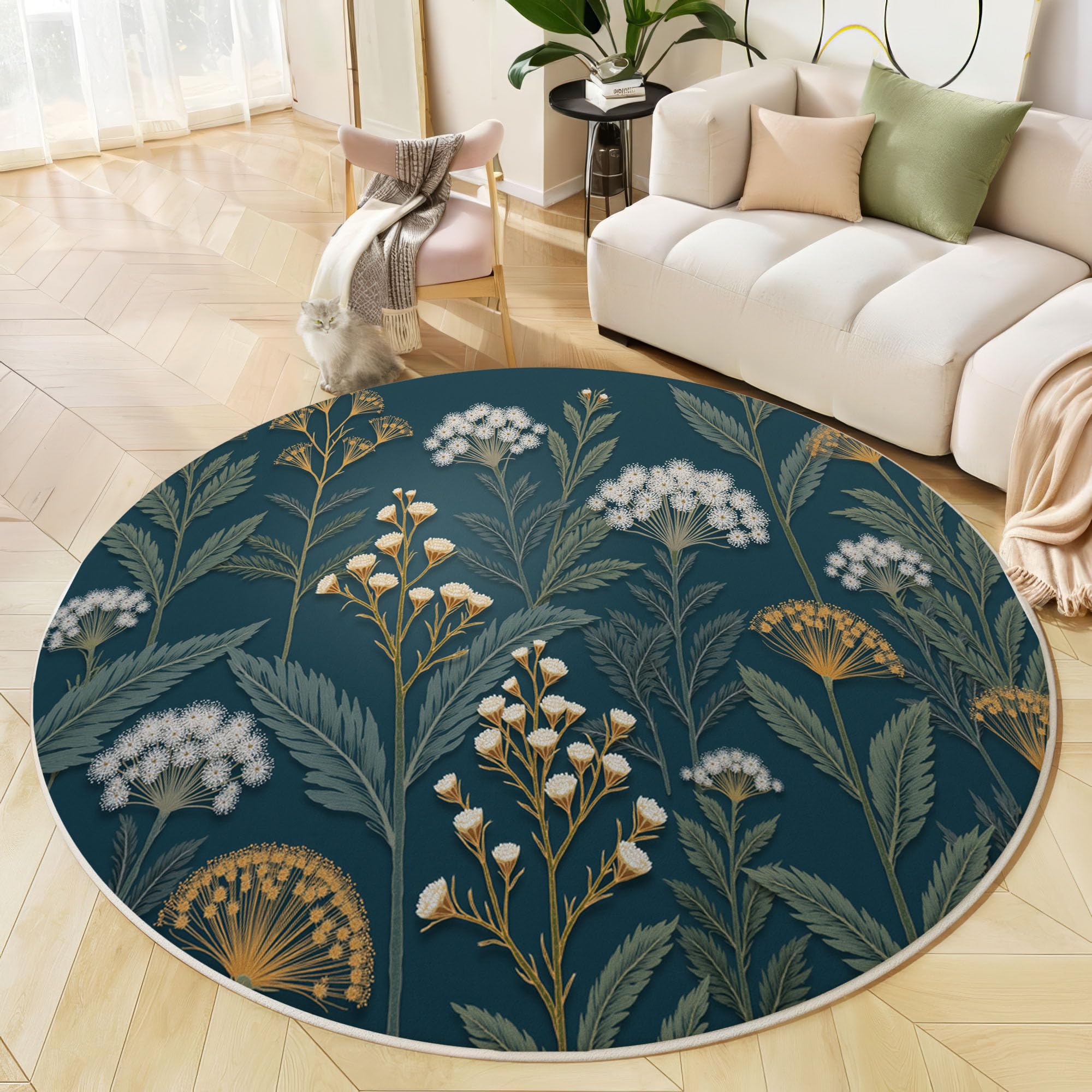 Tapis rond vert lavable 180cm aux motifs de plantes de style naturaliste