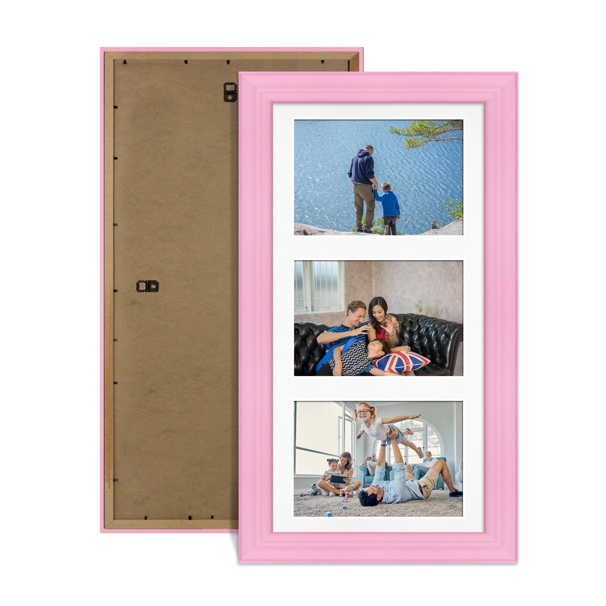 Alison Kingsgate Pink 40x20cm Photo frames for multiple pictures - 3 Apertures Collage Frame with White Mount - Holds (3x) 6x4 Photos - Engineered Wood & Perspex
