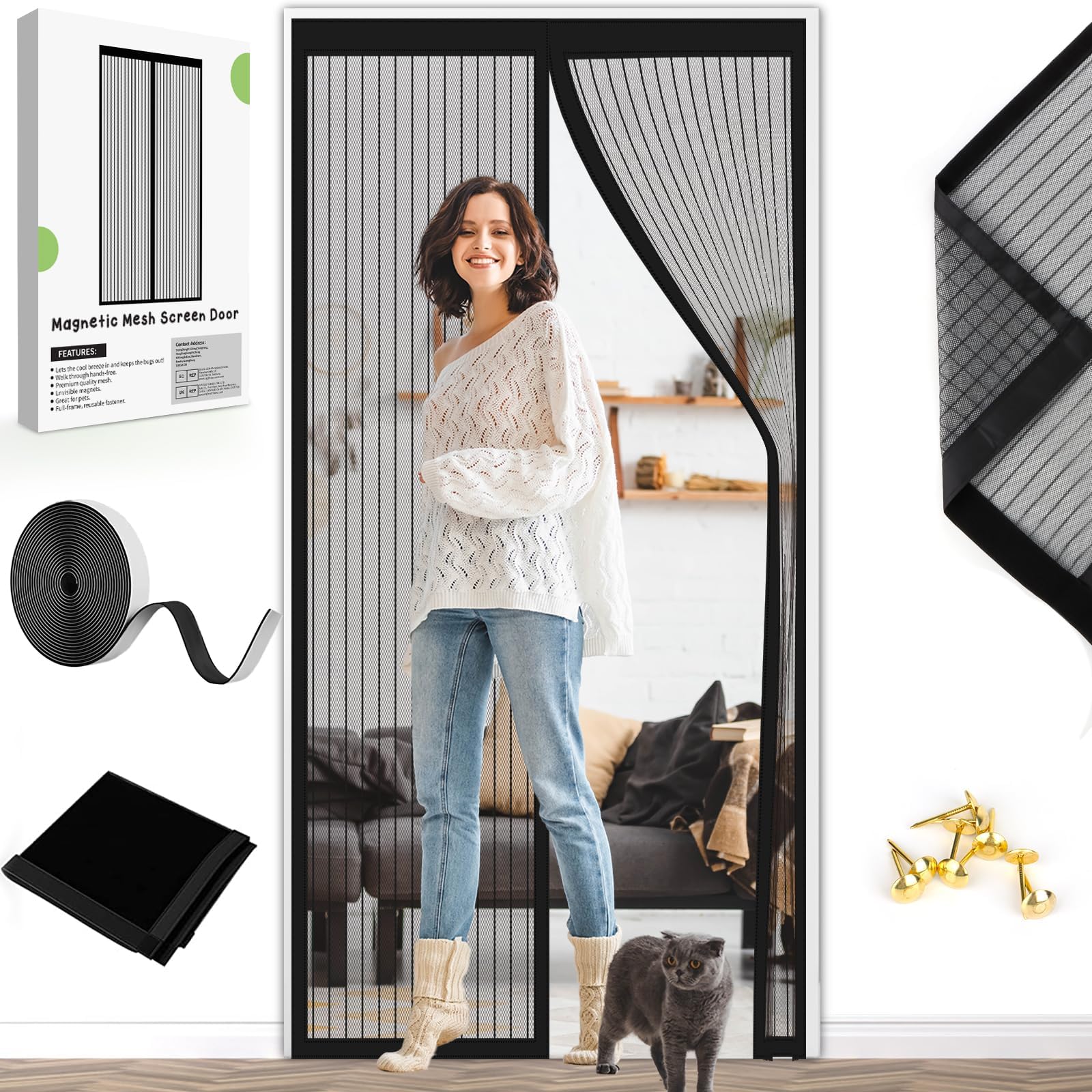 Magnetic Fly Screen Door Curtain - Fly Curtains 90X210cm for Doors with Powerful Magnets and Full Frame Magic Tape, Fly Nets for Doors Without Drilling, Suitable for Patio Doors Balcony Bedroom.