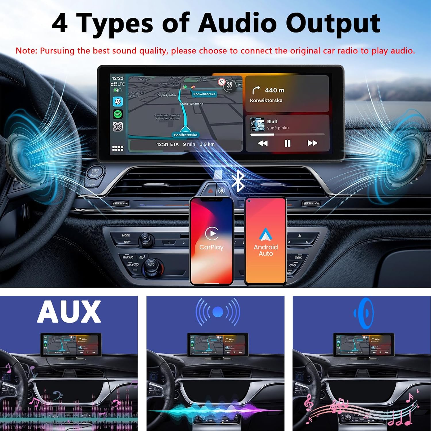 Four types of audio output methods for the portable car display: Bluetooth, FM transmission, AUX, and built-in speaker.