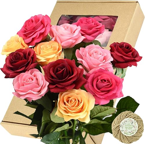 Miniatura 210 de FiveSeasonStuff 12 tallos de flores artificiales, rosas de seda de tacto real para decoración de bodas, ramos de novia, centros de mesa, fiestas y 9