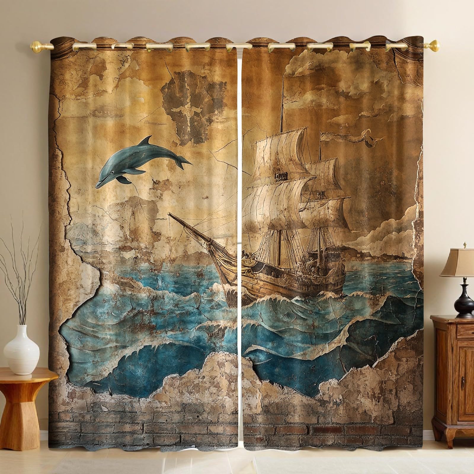 Rideaux occultants voiliers dauphins 70x160cm lot de 2 rideaux thermiques brun pour enfant salon