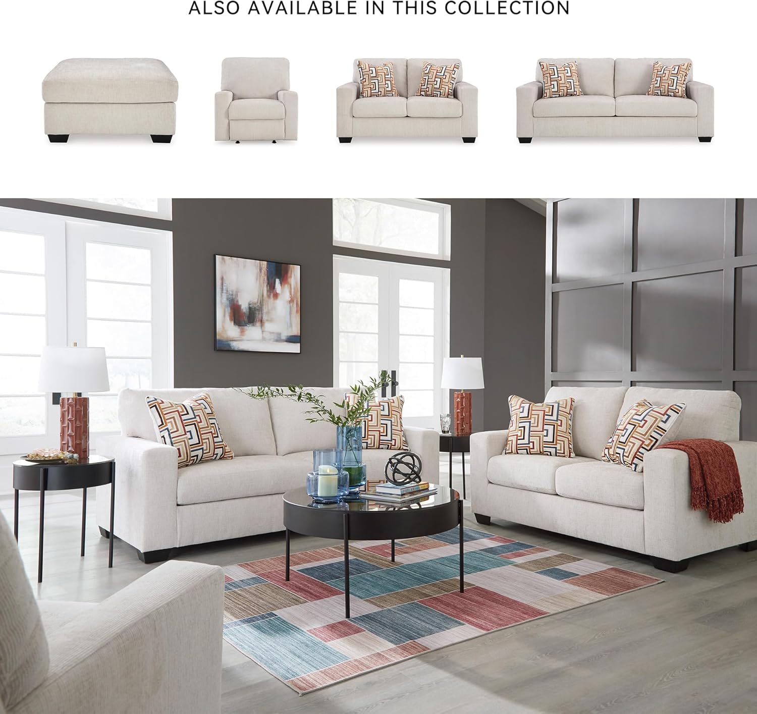 Signature Design by Ashley Aviemore Coastal Sofa Sleeper with Folding Memory Foam Mattress and 2 Accent Pillows, Queen, Beige