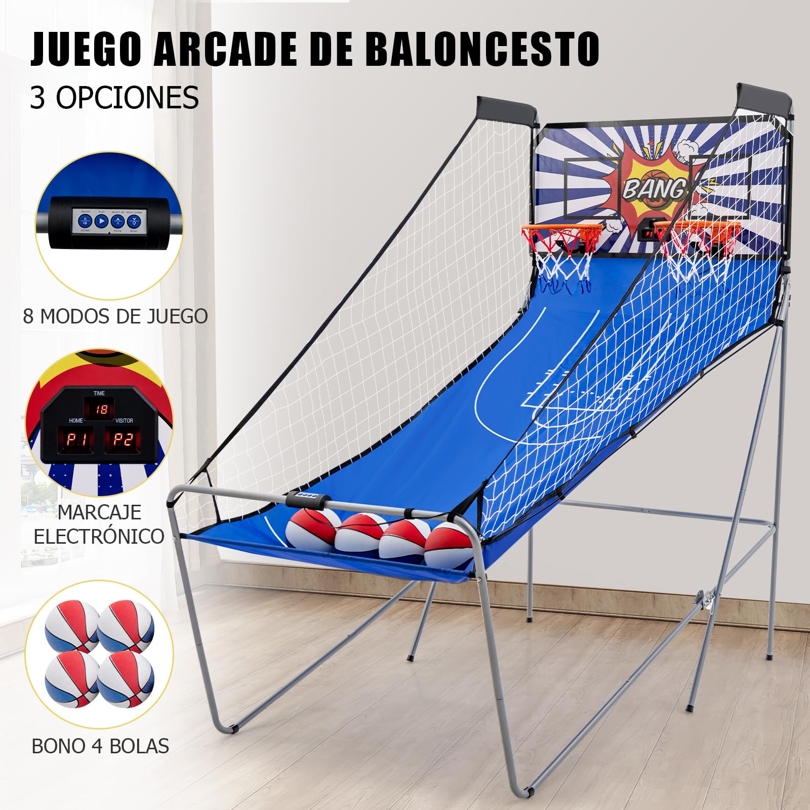 Canasta De Baloncesto Arcade Plegable | Máquina De Tiro Con 8 Modos Y Marcador | Para Niños Y Adultos | Incluye 4 Pelotas