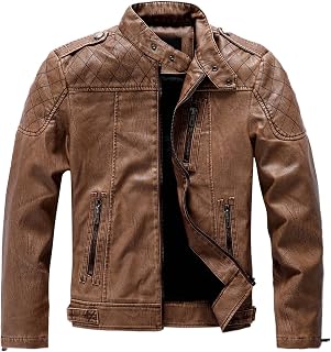 BOTCAM Leather Jacket Men's Slim Fit Faux Leather Jacket Autumn Winter Leather Jacket with Zip Pockets Men's Jackets Warm Winter Jacket Lightweight Motorcycle Jacket Windproof Leisure Jacket