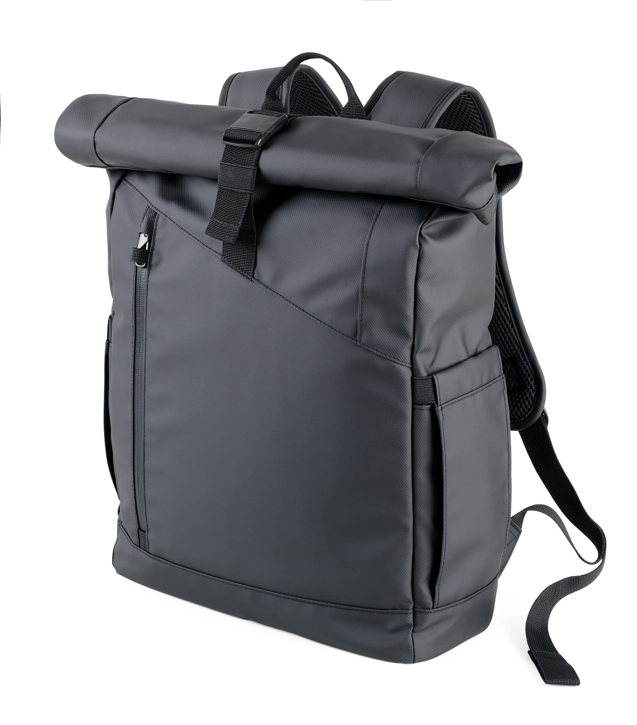 TROIKA Black Roll Top - BBL51/BK - Roll Top Rucksack mit magnetischem Sicherungsverschluss aus Metall – wasserabweisende Reißverschlüsse außen – Tarpaulin – schwarz