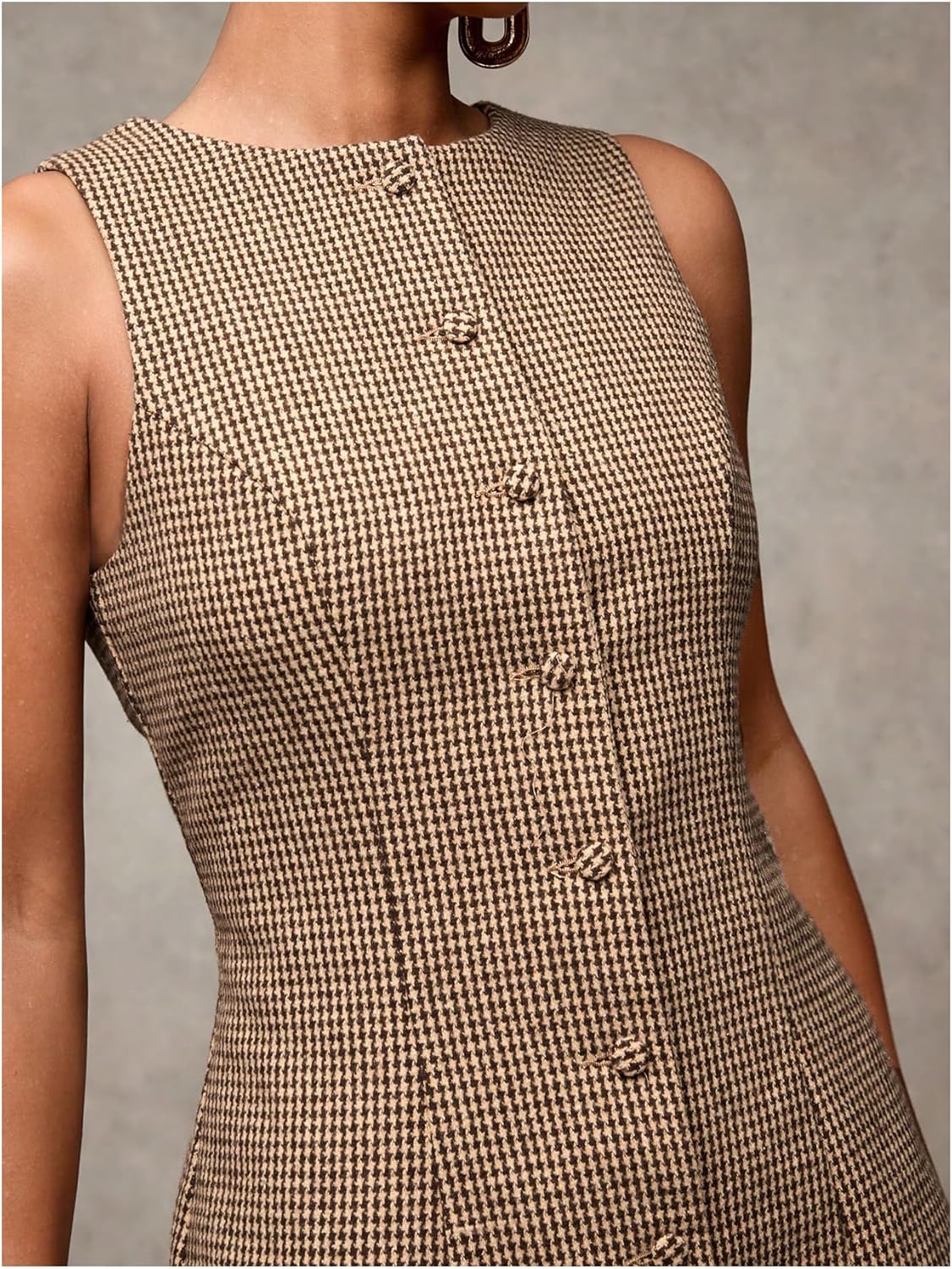 SOLY HUX Women's Plaid Button Down Dress Crew Neck Sleeveless Tie Back Work Office Mini Dresses - Image 3