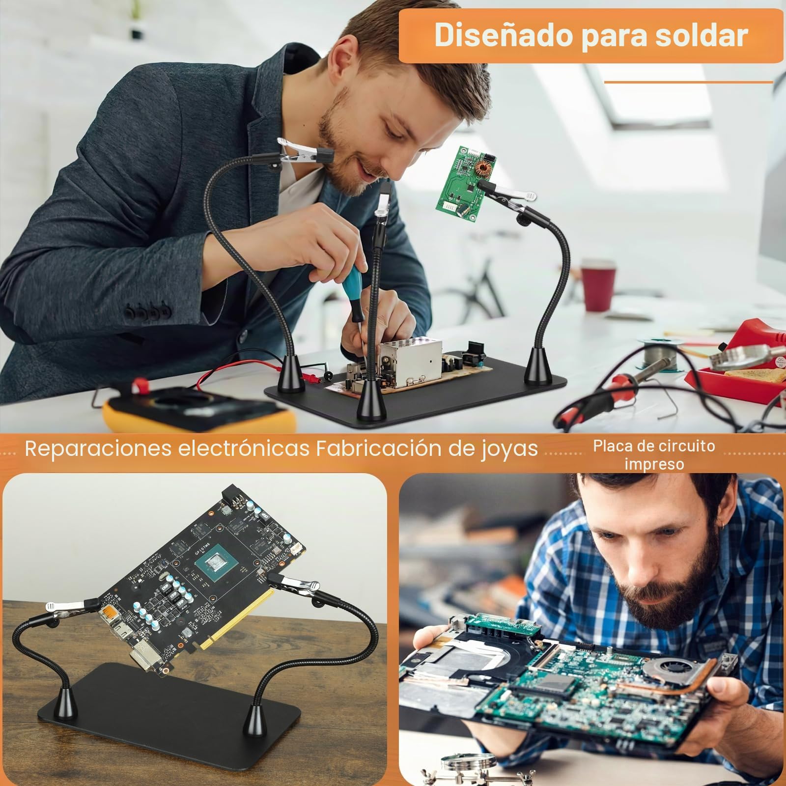 Drdefi Soldadura de Tercera Mano, PCB Magnéticos Flexibles 4 Brazos, Estación de Soldadura con Pinzas de Cocodrilo, Herramienta de Soporte de Placa de Circuito Impreso, Manualidades, Joyas, Hobby