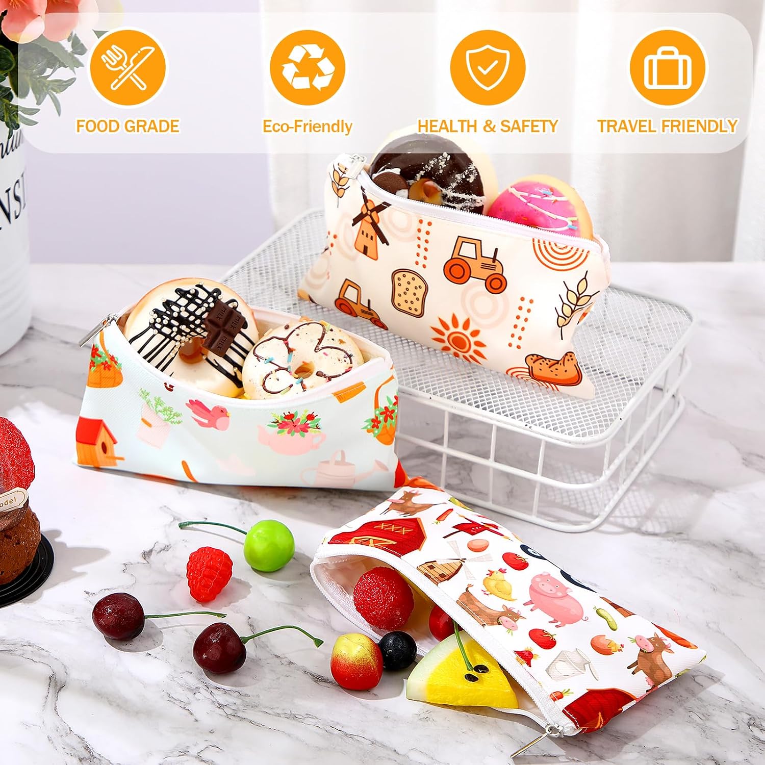 Chumia 6 Pack Reusable Snack Bags for Kids, Washable Sandwich & Food Storage Pouches, Dual-layer Silicone Lined Lunch Bags with Zipper for School & Travel(Farm,6.9 x 3.7 Inches) image 4