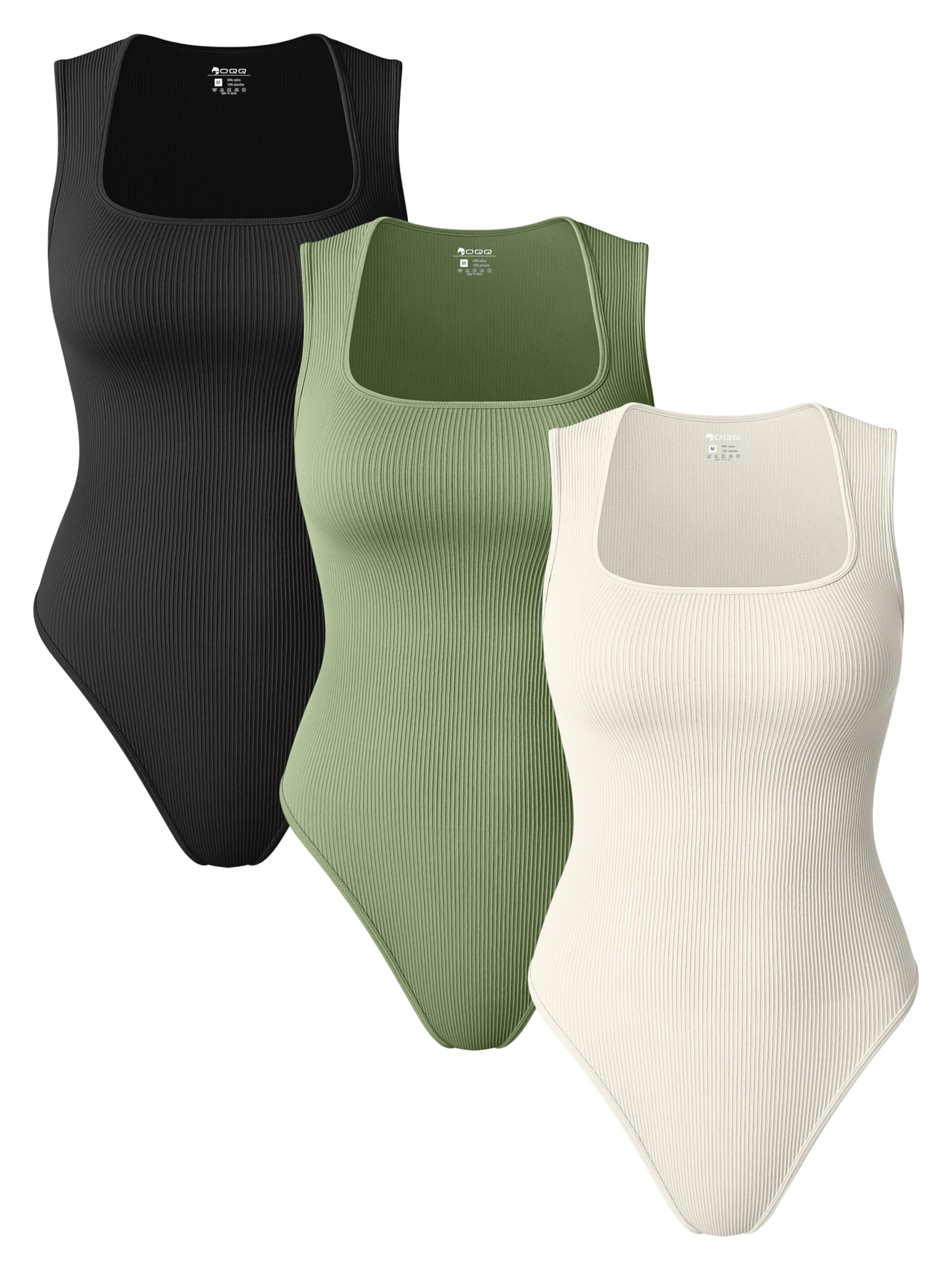 OQQ Women 3 Piece Bodysuits Sleeveless Square Stretch Basic Tank Tops Bodysuits Black Pea green Beige, Medium