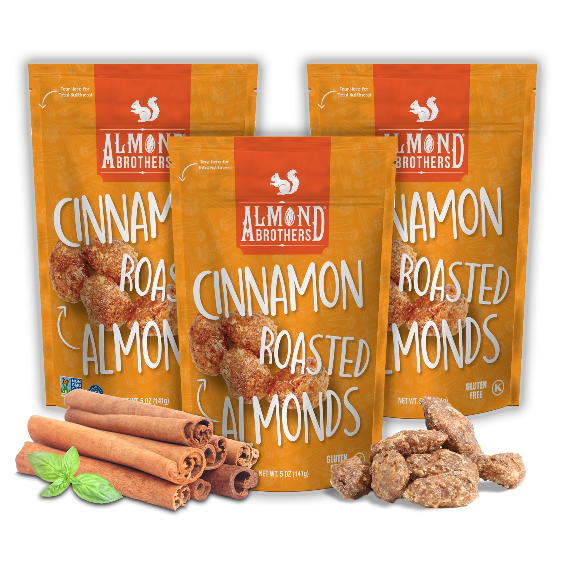 Almond Brothers Roasted Almonds - Pack of 3, 5 oz - Hand Crafted Cinnamon Glazed Roasted Almonds, Gluten-Free, Non-GMO
