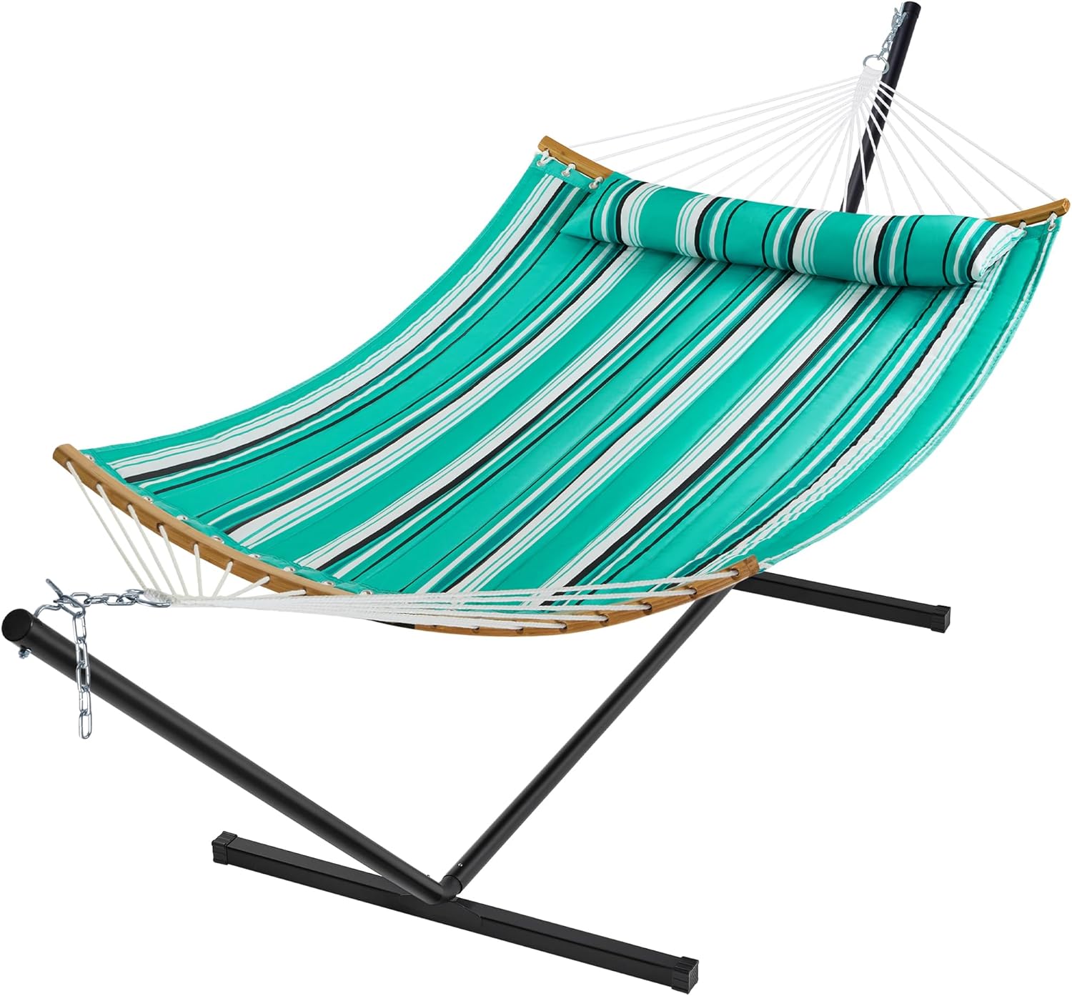 SUPERJARE Hammock with Stand, 2 Person Heavy Duty Hammock with Padded Cotton, Detachable Pillow & Strong Curved-Bar & Portable Carrying Bag, Perfect for Outdoor & Indoor, Mint Green with Stripes