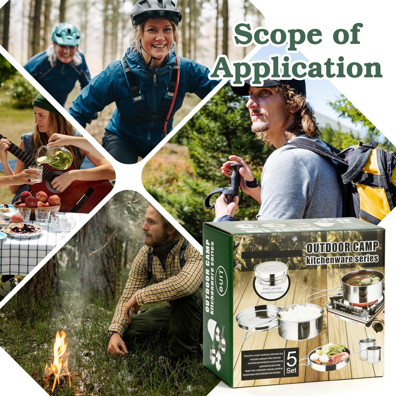Camping Kochgeschirr Set, 5-teiliges Edelstahl Camping Kochset, Camping Kochtopf, Kochgeschirr Kochset mit Deckel und Griff, Faltbar Und Stapelbar, Outdoor Camping Topf für Wandern Picknick,Reisen