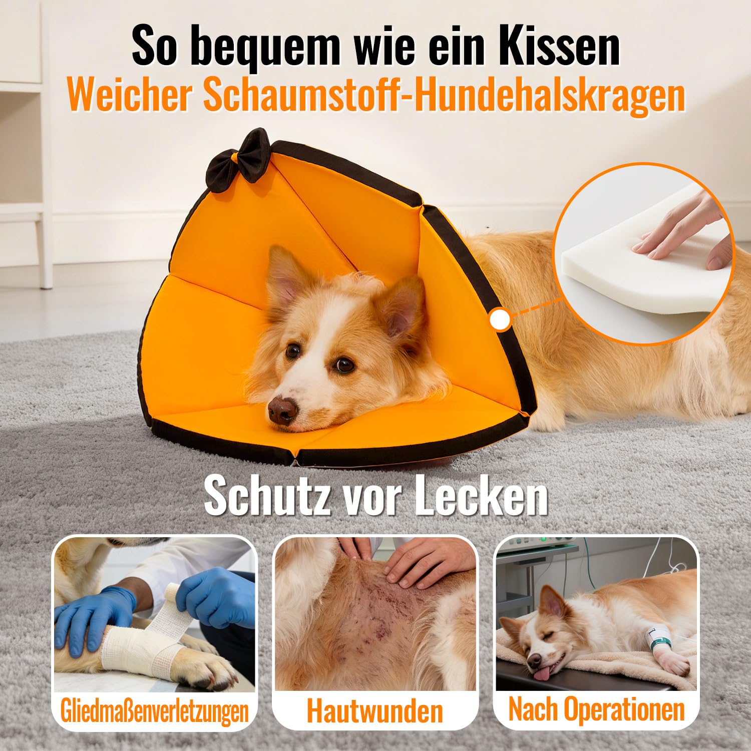 GGW Weiche Halskrause Hund verstellbar atmungsaktiv (Orange, L) | Bequemer Leckchutz-Schutzkragen für Hunde. Ideal für postoperative Pflege oder Hautjucken. Verstellbarer Halsumfang.