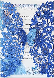 Hosmsua 50PCS Royal Blue Butterfly Quinceañera Invitation and Envelope 5.12 x 7.3 Inch Laser Cut Lace Flora Quinceanera In...