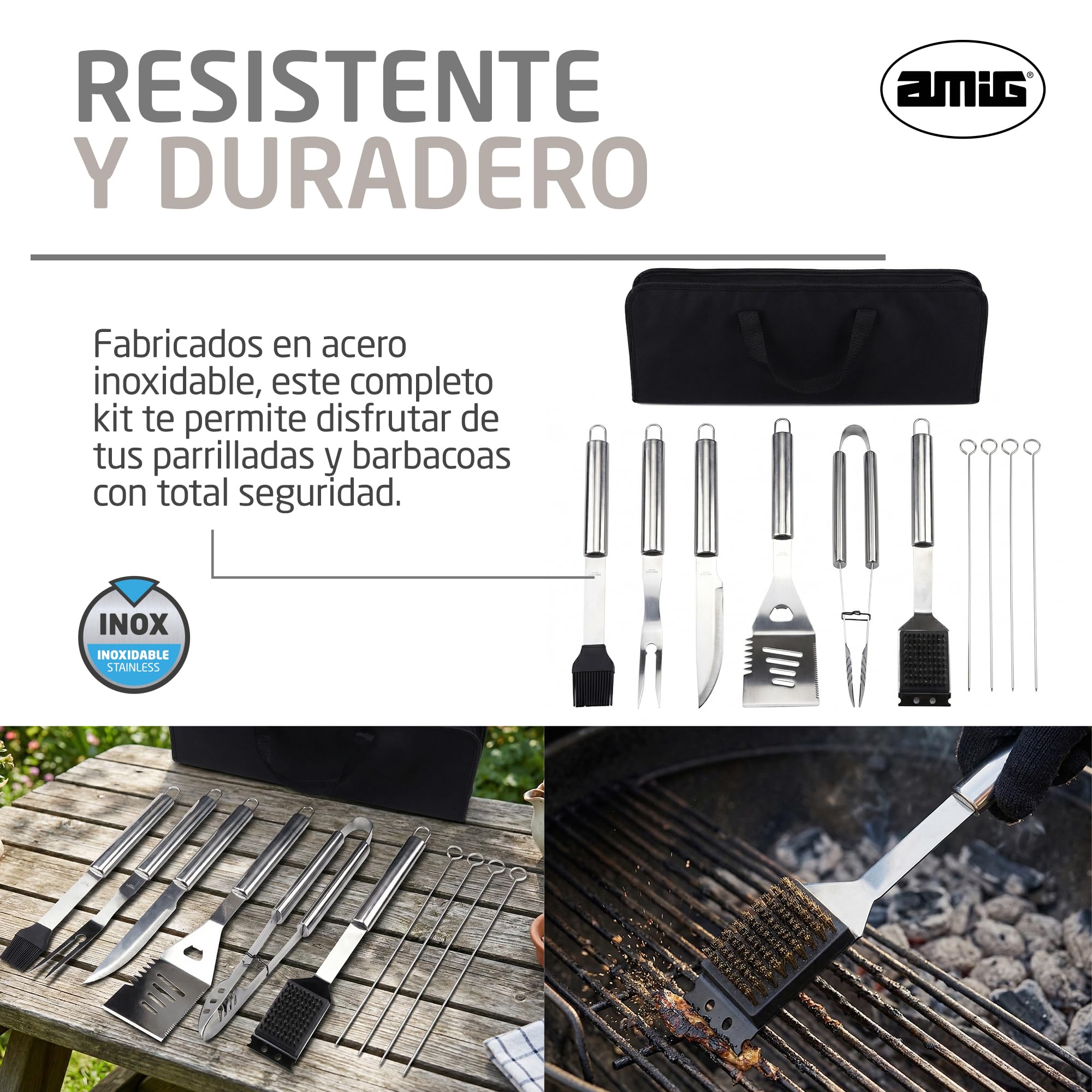 Amig - Kit 10 Accesorios para Barbacoa - Acero Inoxidable - Set Completo de Utensilios - Accesorios Prácticos y Presentación Cuidada para Regalo - Mod. AM03