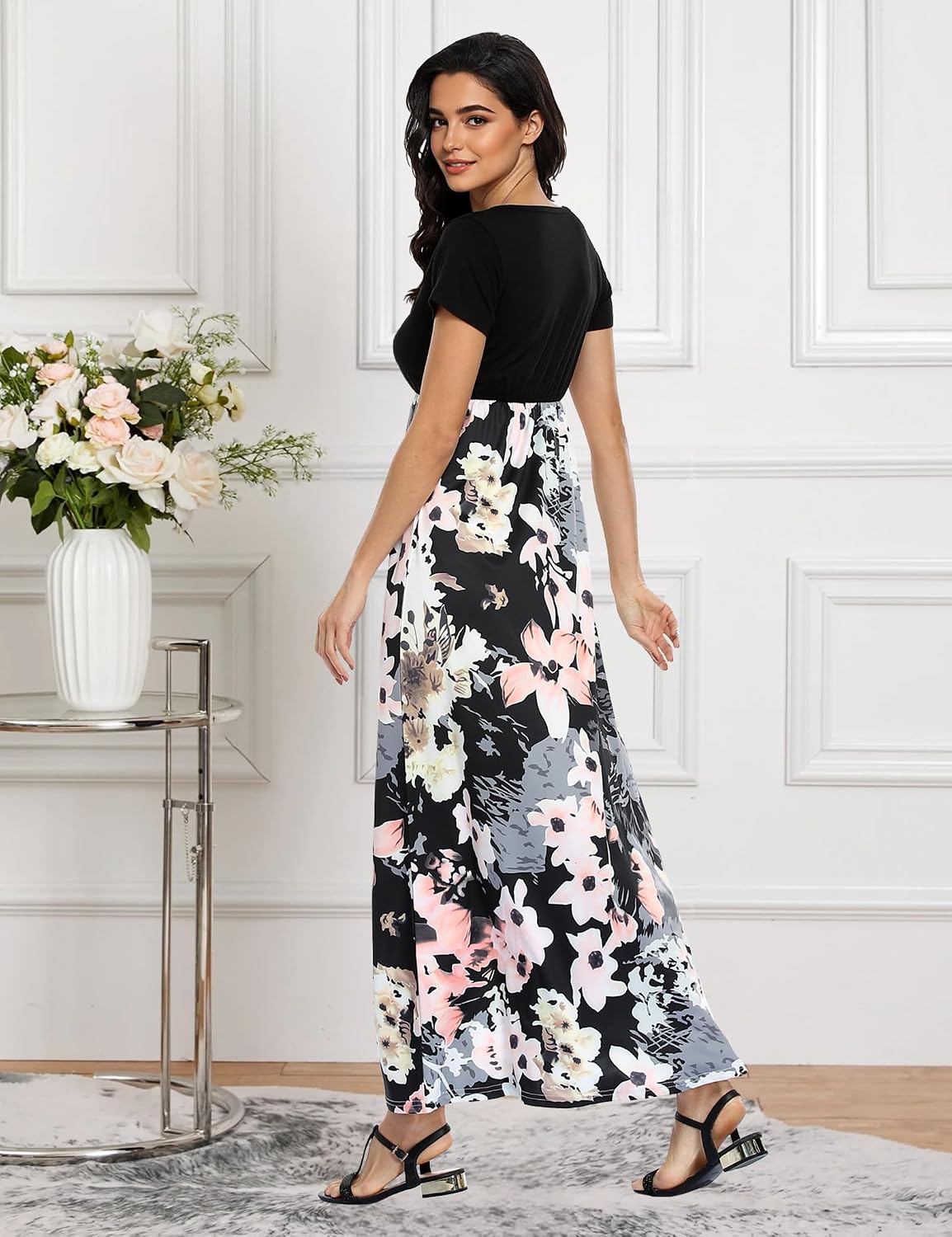 Lacavocor Womens Short Sleeve Maxi Dresses Empire Waist Long Dress