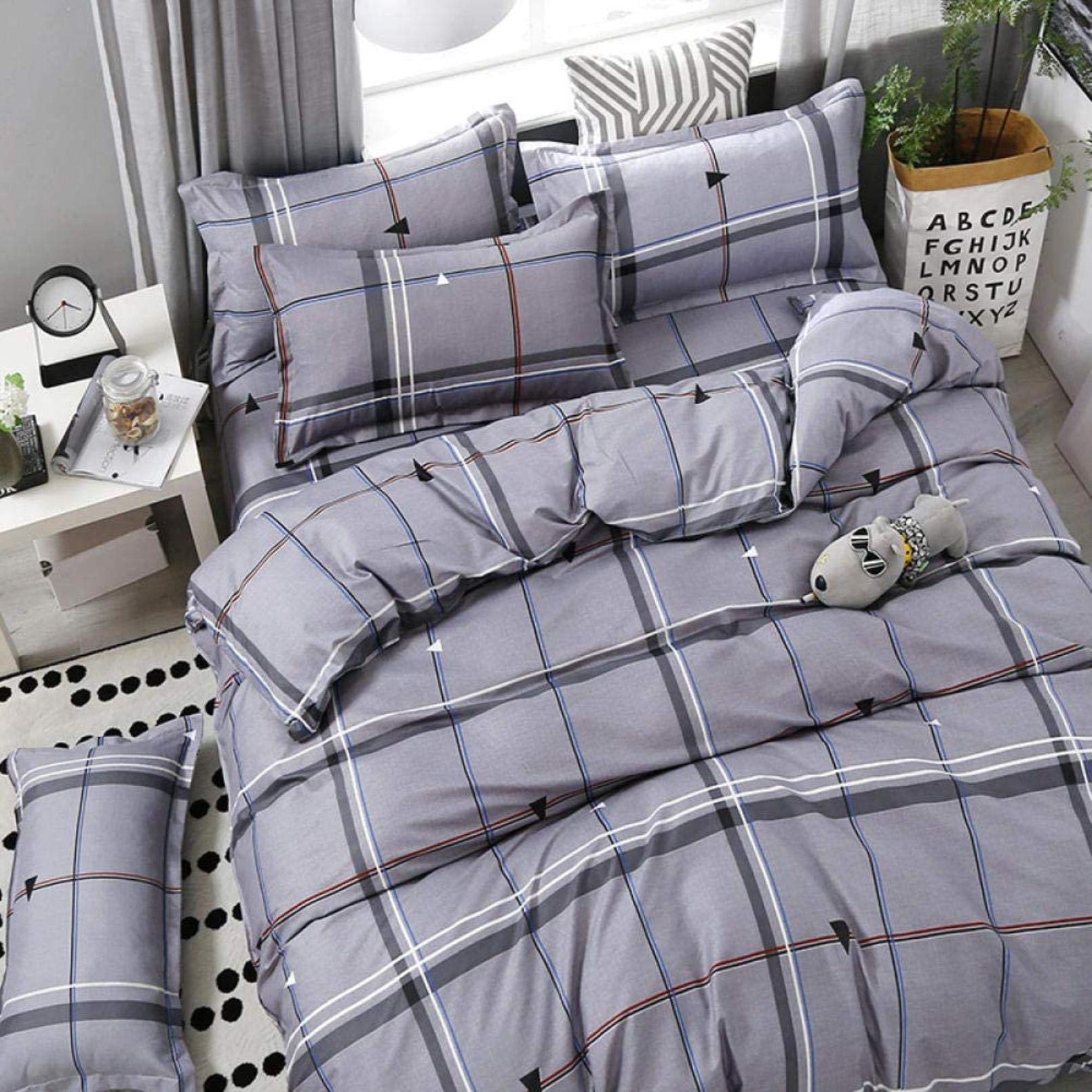 Grau Kariertes Bettbezug-Set, wendbar, 71 x 86,6 cm, Baumwolle, 4-teiliges Bettwäsche-Set mit 1 Laken und 2 Kissenbezügen 50 x 75 cm für Schlafzimmer, Doppelbettgröße HGCHH