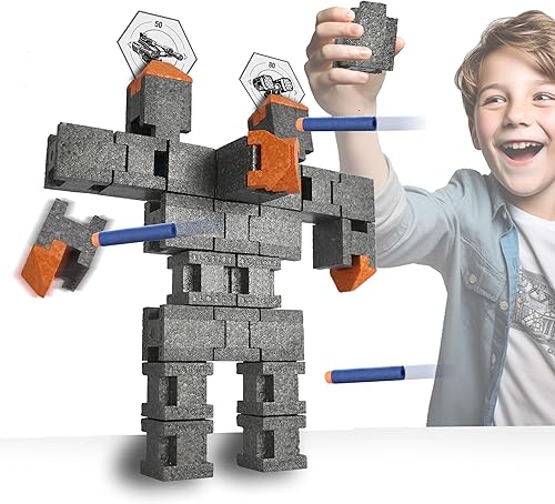 Blaster Blocks Paquete de destrucción de robots, emocionante juego para lanzadores de dardos de espuma para 1 niño, hermanos, fiestas de lanzadores
