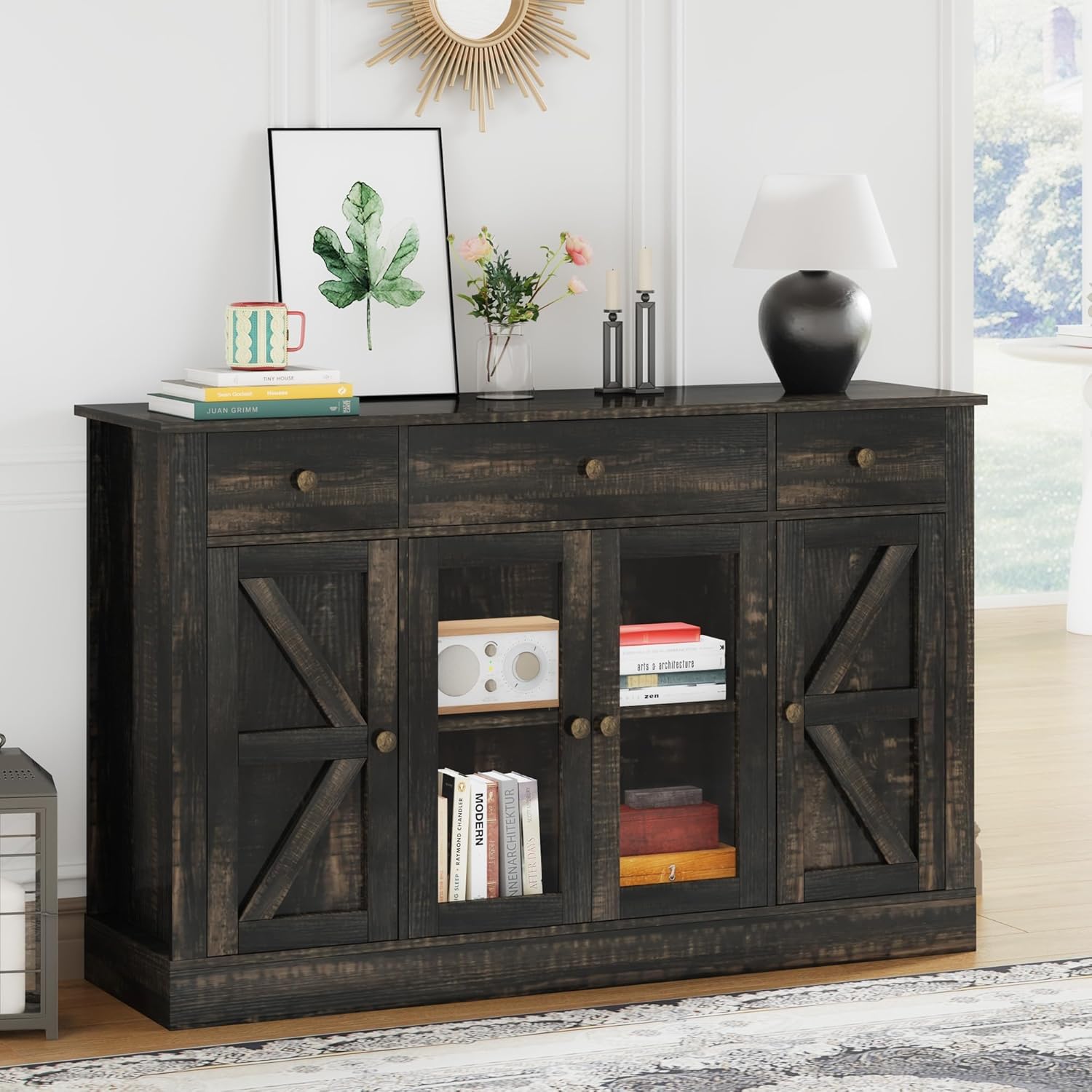 4 EVER WINNER 55" Coffee Bar with 4 Glass Doors and 3 Drawers, Sideboard Buffet Cabinet with Storage, Farmhouse Coffee Bar Cabinet with Adjustable Shelves for Kitchen, Dining Room, Rustic Oak