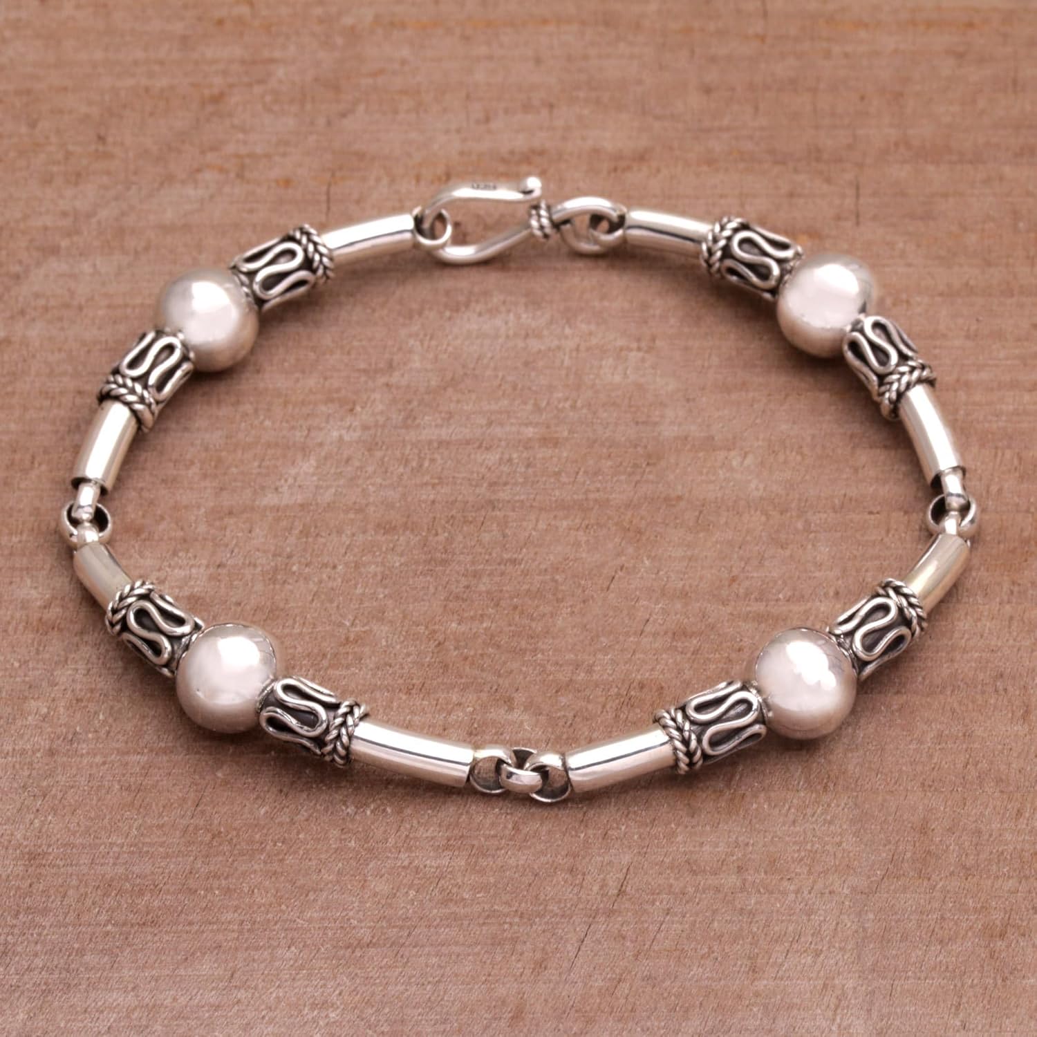 NOVICA Artisan Handmade .925 Sterling Silver Link Bracelet with Balinese Designs Indonesia 'Tubes'