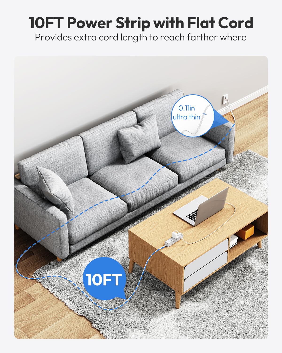 Surge Protector Power Strip 10 FT, Flat Extension Cord with 9 Widely Outlets 3 USB Ports(1 USB C), 1080J, Flat Plug, 3 Side Extension Cord with Multiple Outlets, Mounted, for Indoor Home Office, White