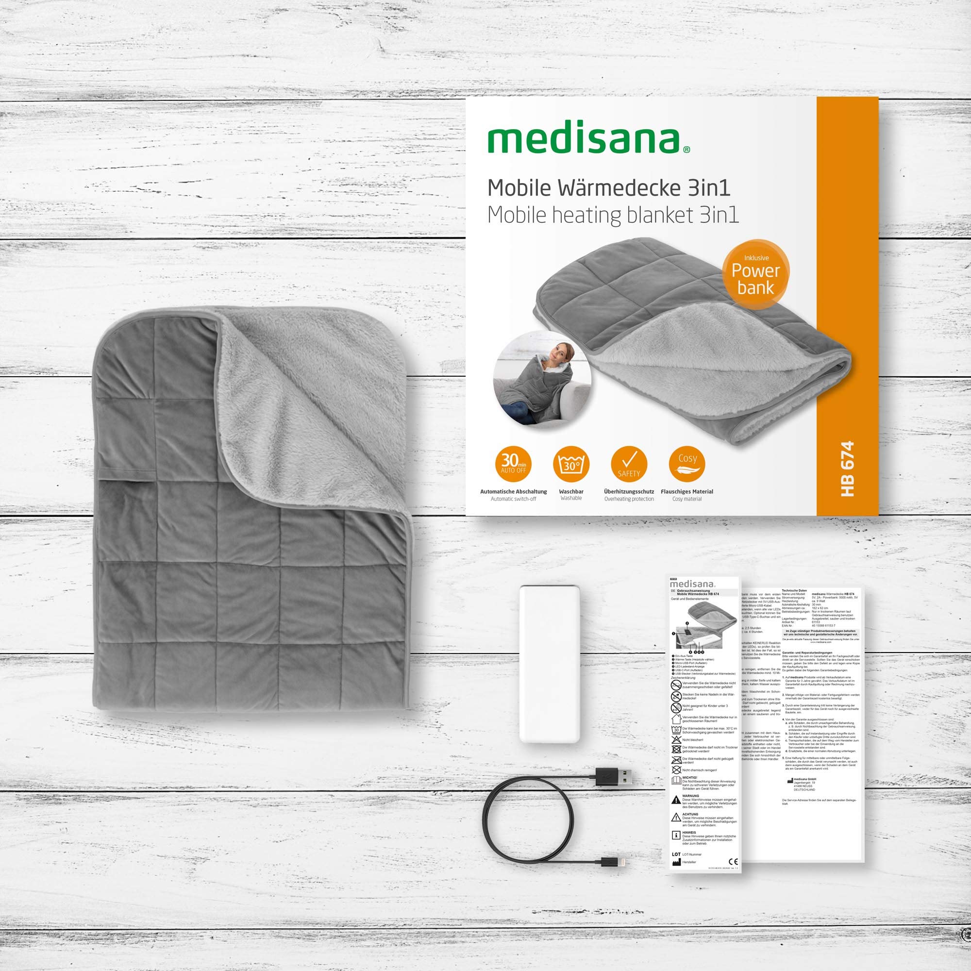 medisana HB 674 Couverture chauffante en peluche 3en1 pour les déplacements avec powerbank/batterie, lavable, arrêt automatique, protection contre la surchauffe, 2 niveaux de température, 162 x 62 cm