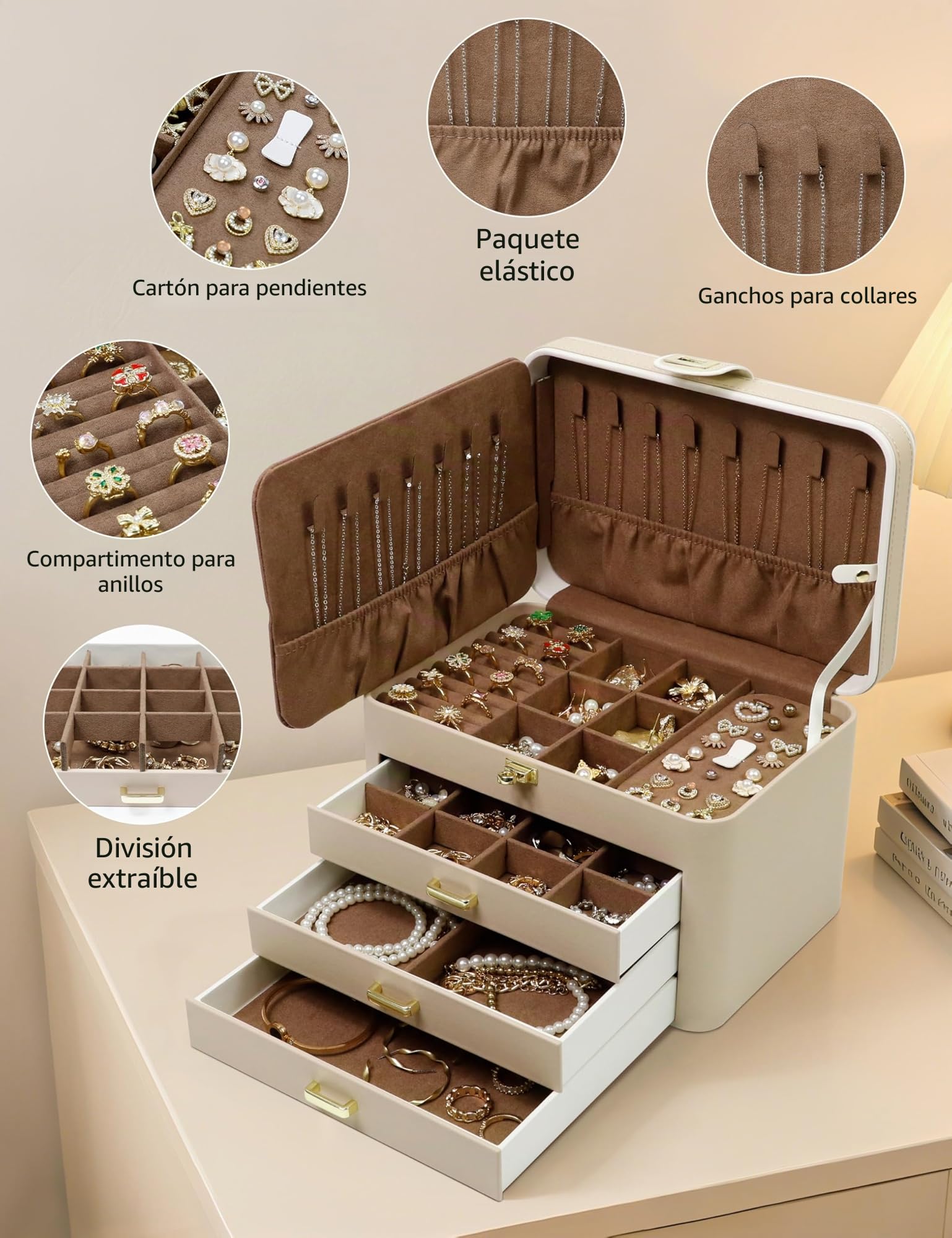 KAMIER Joyero Grande de 4 Niveles, Caja de Joyas con Espejo, Cajones y Cerradura, Piel Sintética, Beige