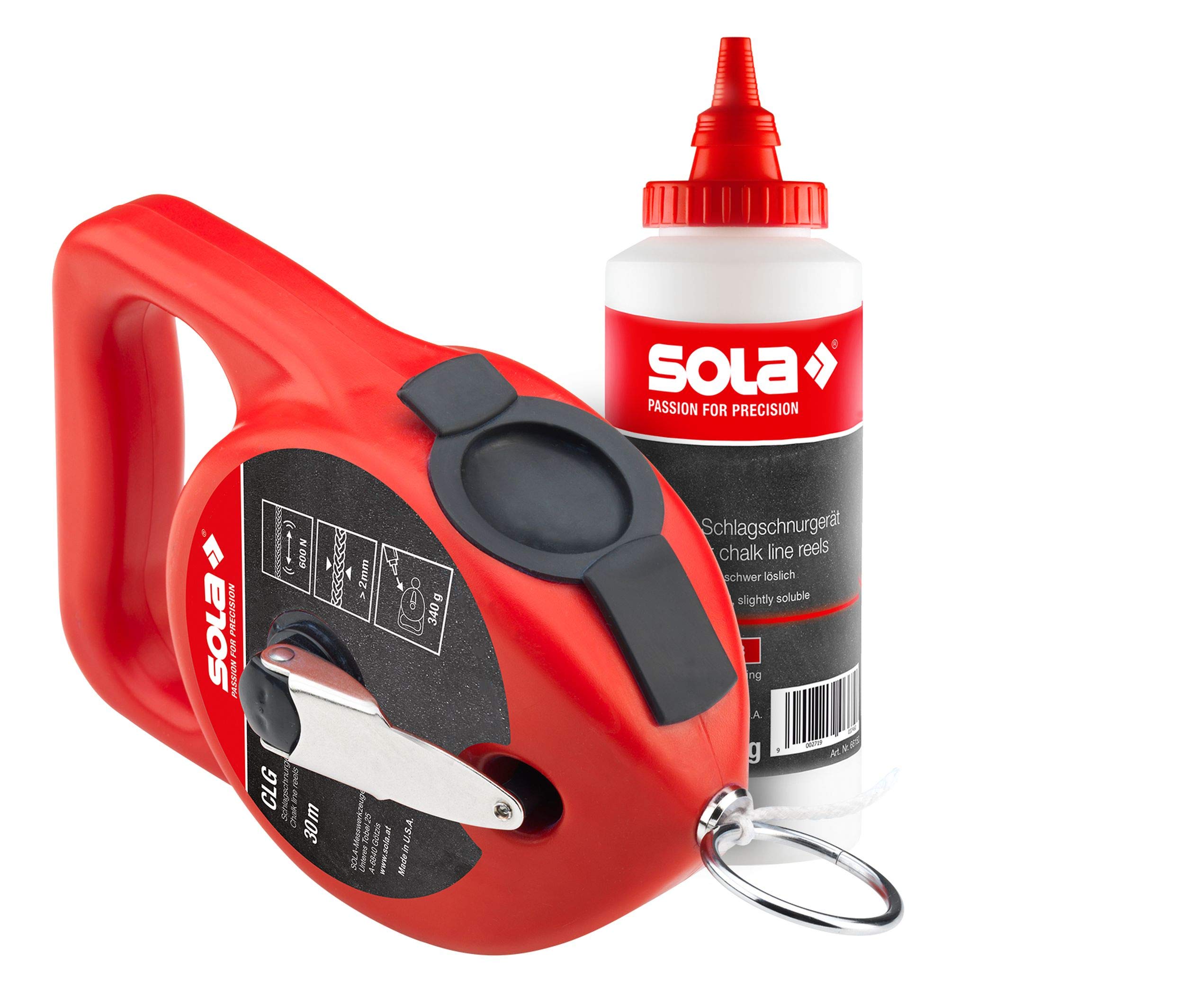Sola CLG Schlagschnur Set ROT I Schlagschnur mit Kreide im praktischen Set |30 Meter Markierschnur für einfaches markieren | rotes Kreidepulver mit sehr guter Hafteigenschaft (Rot)