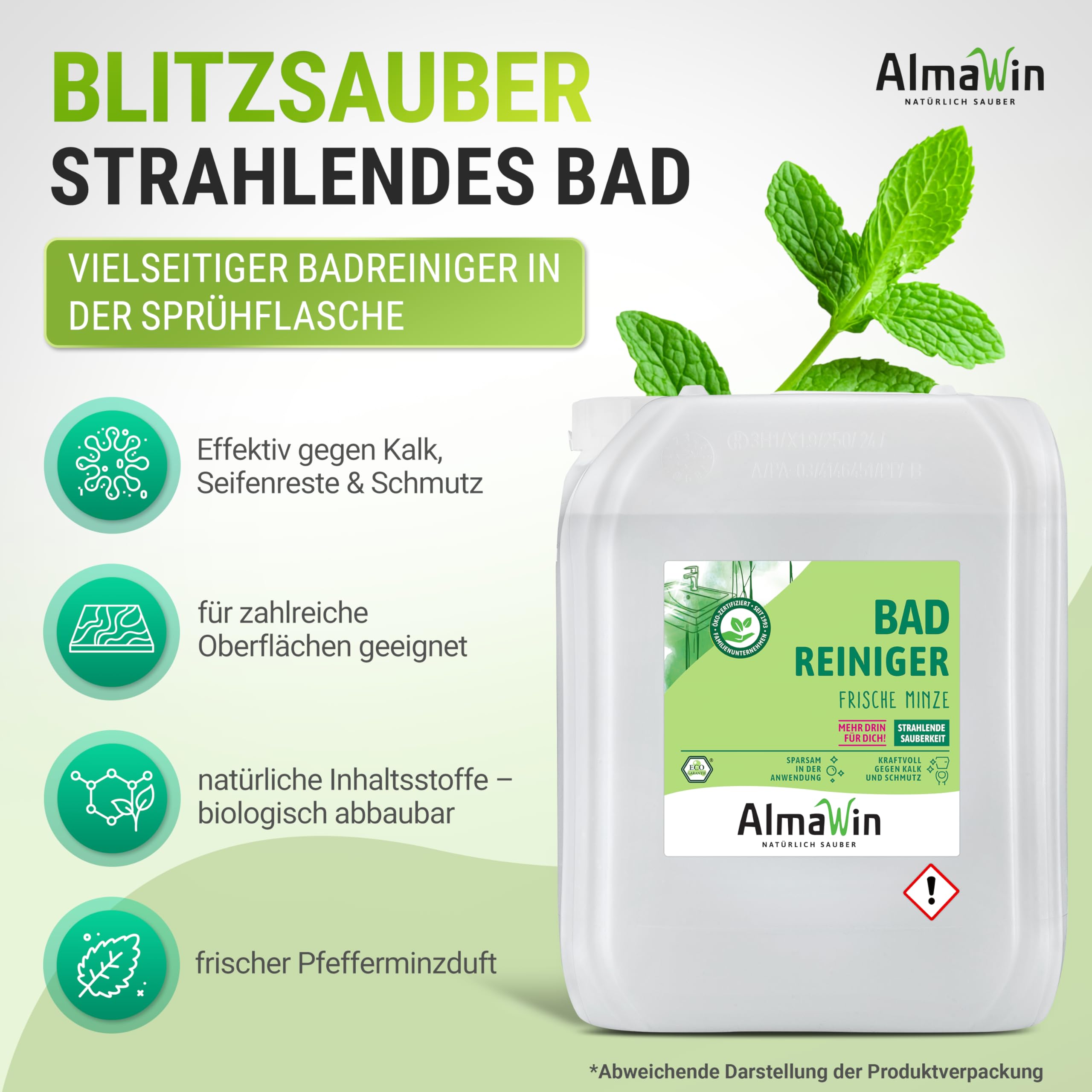 AlmaWin® Bad Reiniger [20L] für strahlende Sauberkeit - Badreiniger Spray mit Pfefferminz-Duft - Badezimmer Reiniger - Effektiv gegen Kalk & Schmutz - Badreiniger Extra Stark, Bio & Vegan