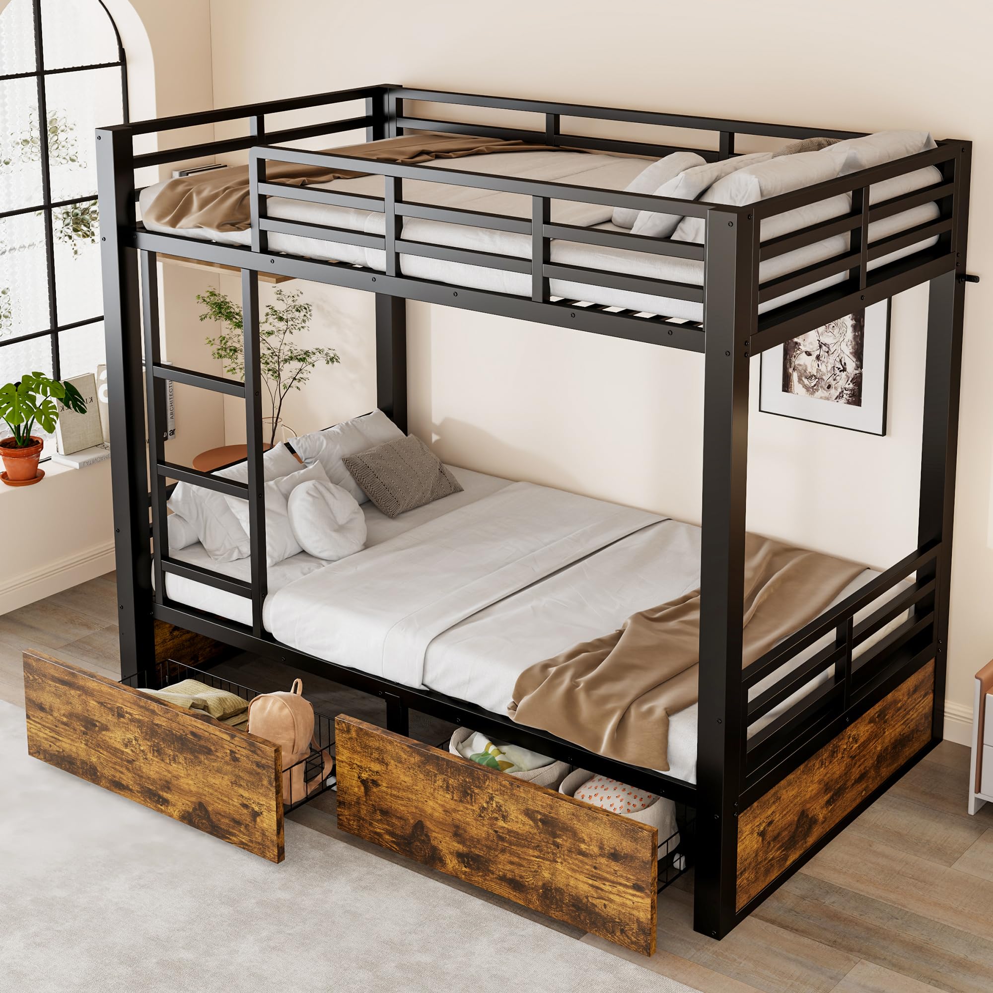 Azkoeesy Litera para dormitorio de metal resistente, 200 x 90 cm, con 2 cajones, escalera de metal resistente y barandilla de seguridad para adolescentes y adultos (90 x 200, negro)