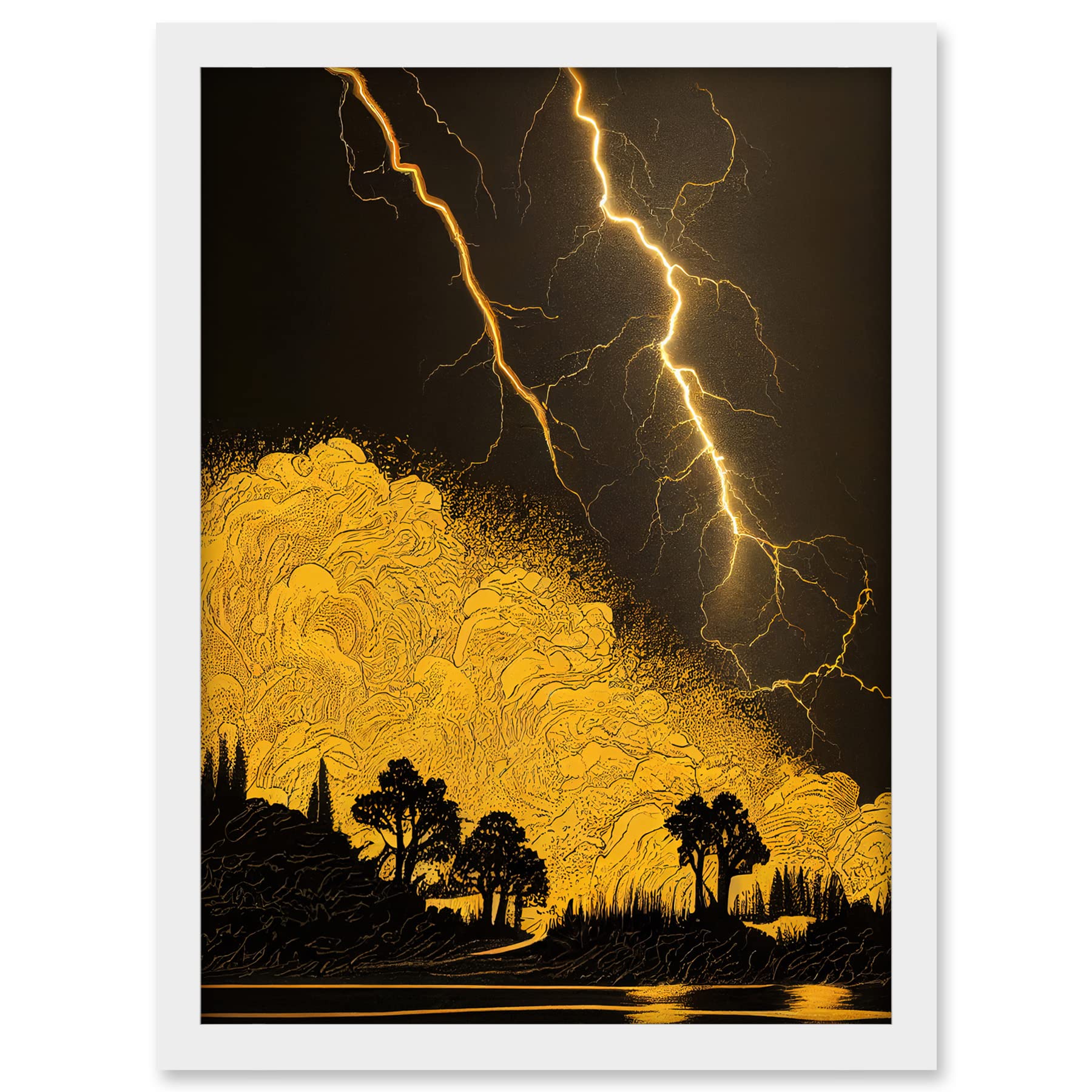 Wee Blue Coo Gold and Black Thunder Storm with Bright Lightning at Lakeside Tree Silhouette Artwork Framed A3 Wall Art Print