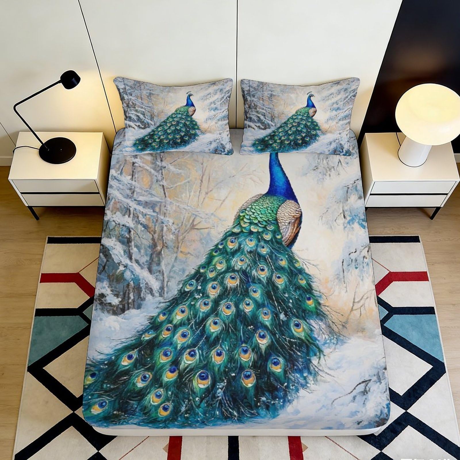 3D Printed Peacock Feather Fitted Sheet Microfiber Soft Breathable Winter Forest Bed Cover for Bedroom Dormitory Guest Room Mattress Protection 140x200x25cm