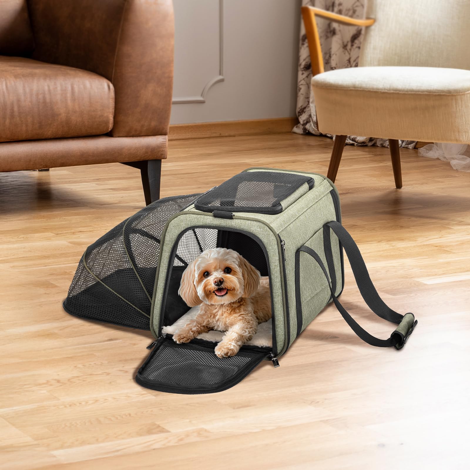 Petsfit Sac de Transport Extensible pour Chat - Deux côtés Confortables et Pliables avec Tapis en Polaire - Ouverture sur Le Dessus - Vert - 1 côté Extensible