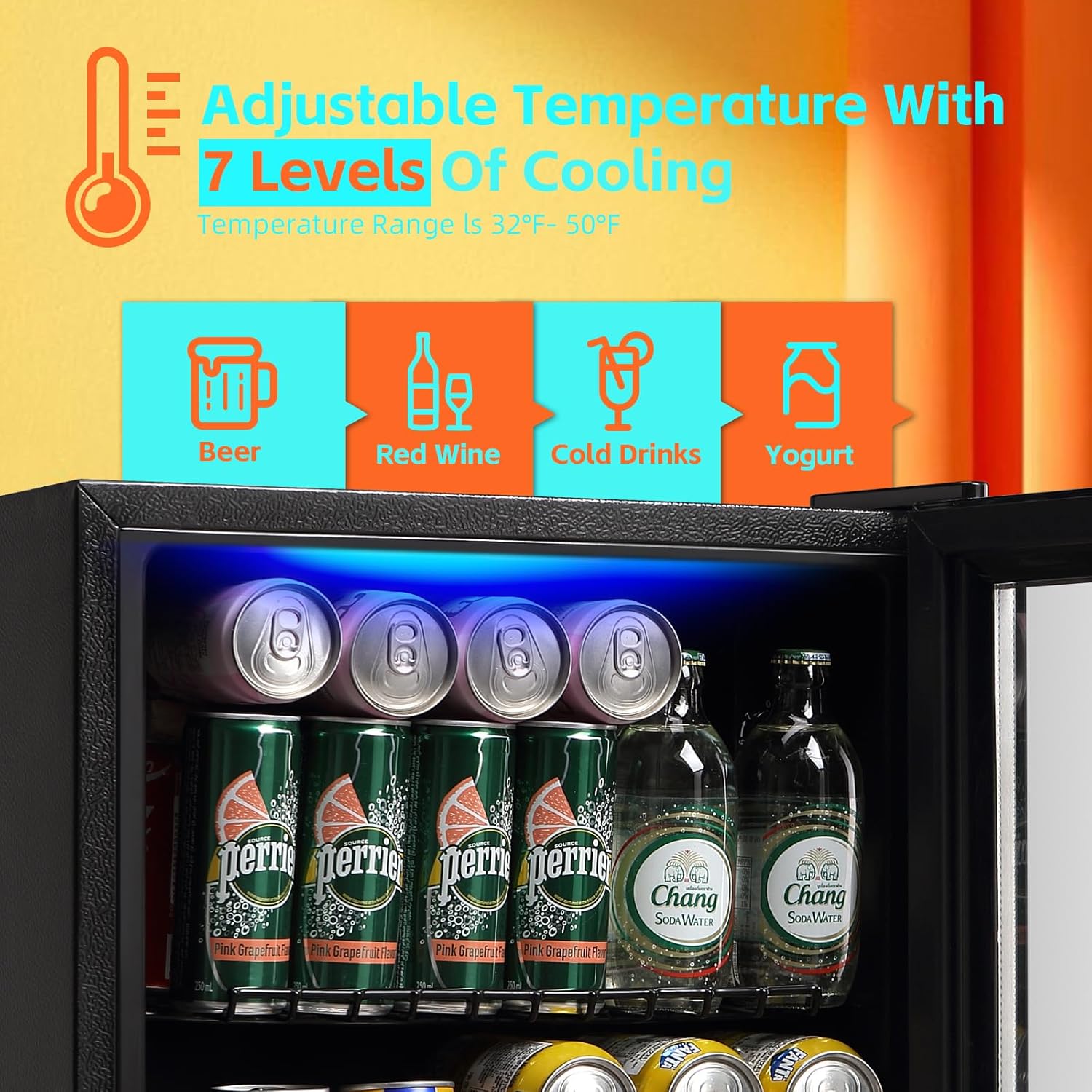 WANAI Beverage Refrigerators 120-Can Small Mini Fridge for Home, Office or Bar with Glass Door and Adjustable Removable Shelves，Perfect for Soda Beer or Wine, Stainless Steel, 3.5 Cu.Ft