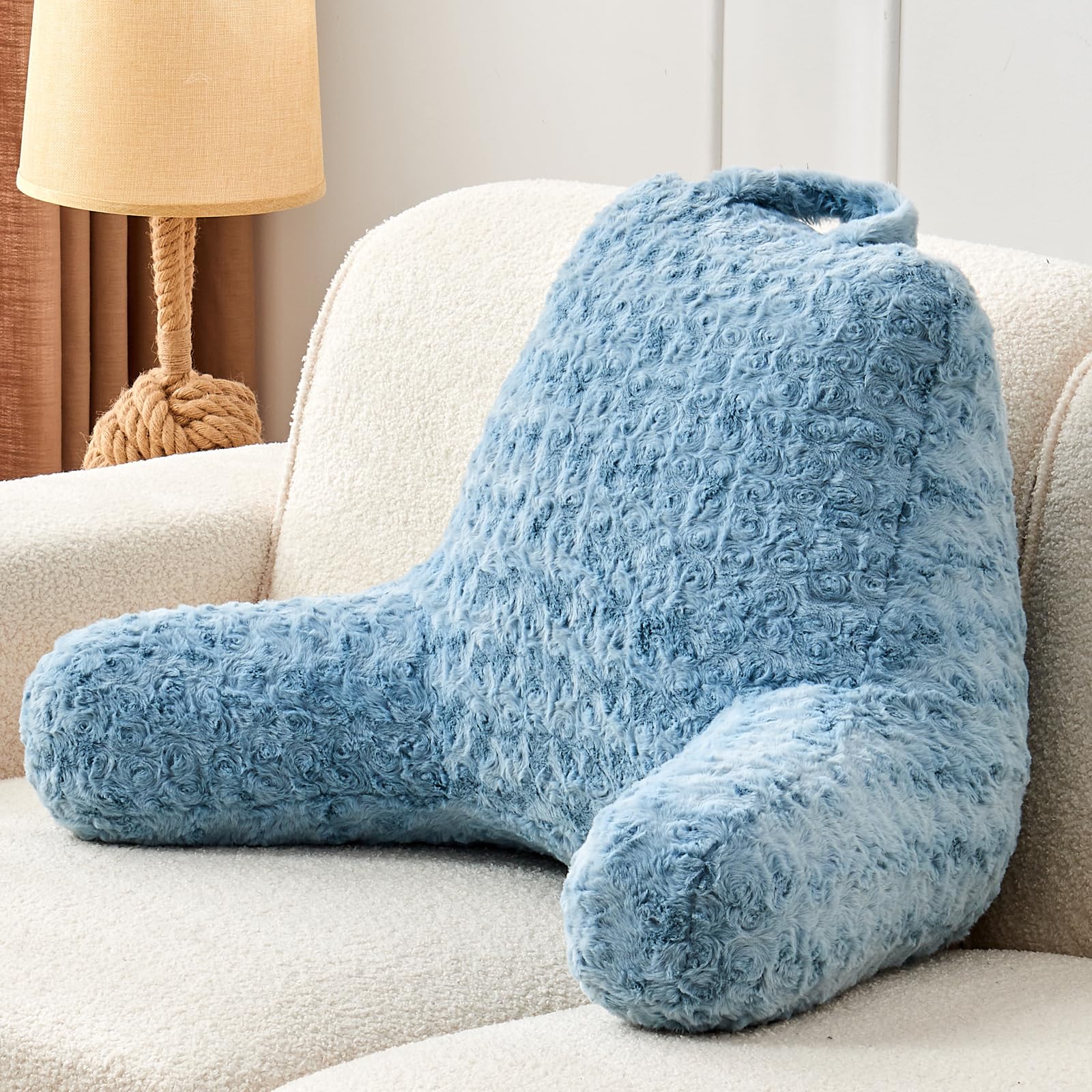 Photo 1 of MUFEW Reading Pillow,Rose Velvet Back Pillow with Arms for Bed Sitting Up, Bed Pillow for Adult Children, Backrest Pillows with Washable Cover, Chair Pillow for Watching TV/Gaming/Relaxing (Lake Blue)