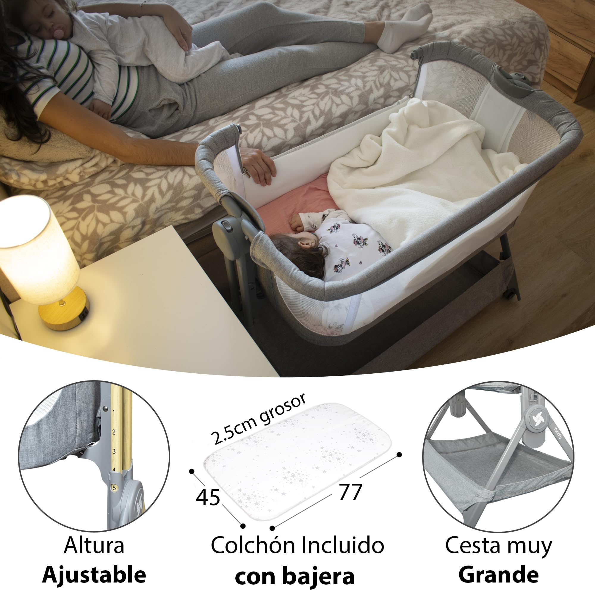Twinly Comfortly - Cuna Colecho Bebé y Moisés 2 en 1 con Ruedas | Minicuna de Viaje Plegable, Sin Montaje, Altura Ajustable y Función Antireflujo | Incluye Colchón, Sábana Algodón y Bolsa (Wood)