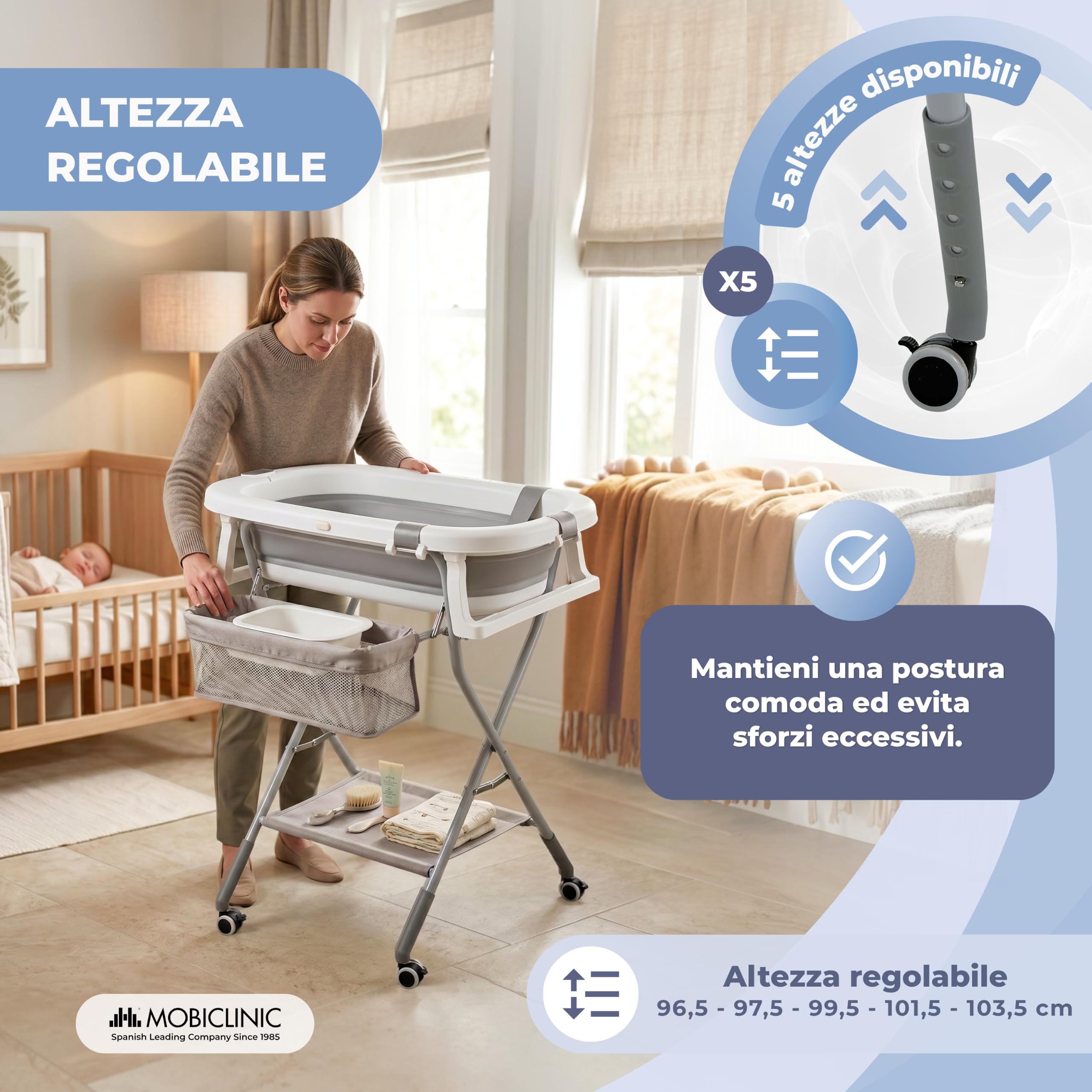 Mobiclinic®, Vaschetta Bagnetto Neonato, con Gambe e Supporto, Altezza Regolabile, Ruote a 360° con Freno, Cuscino Ergonomico, Tubo di Scarico, Cestino e Vassoio, Compatta, Bubba Max
