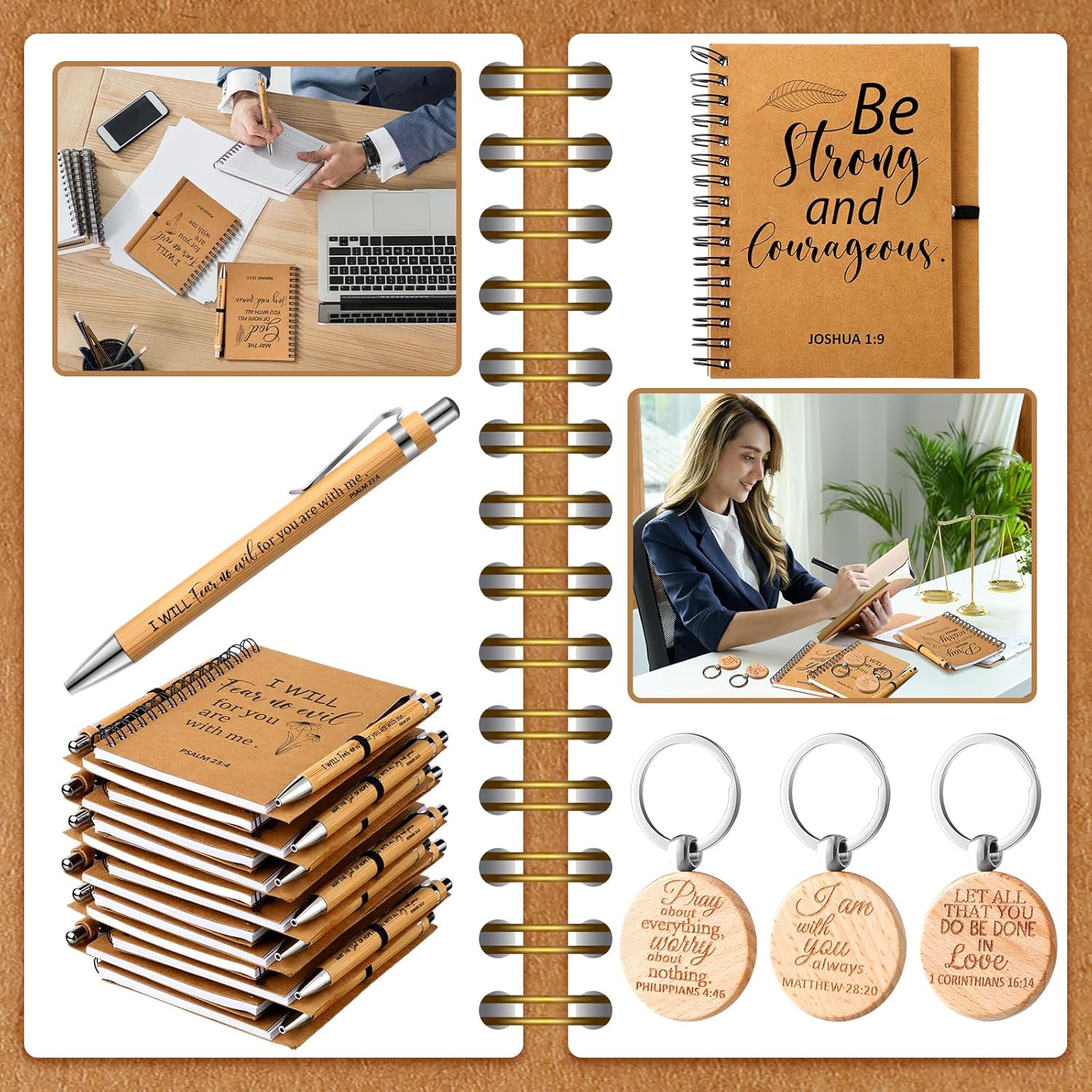 Qeeenar 180 Pcs Christian Gifts Bulk for Men Women Bible Notebook Religious Prayer Journal Inspirational Church Notebook with Bamboo Bible Pens and Keychains for First Communion Sunday School