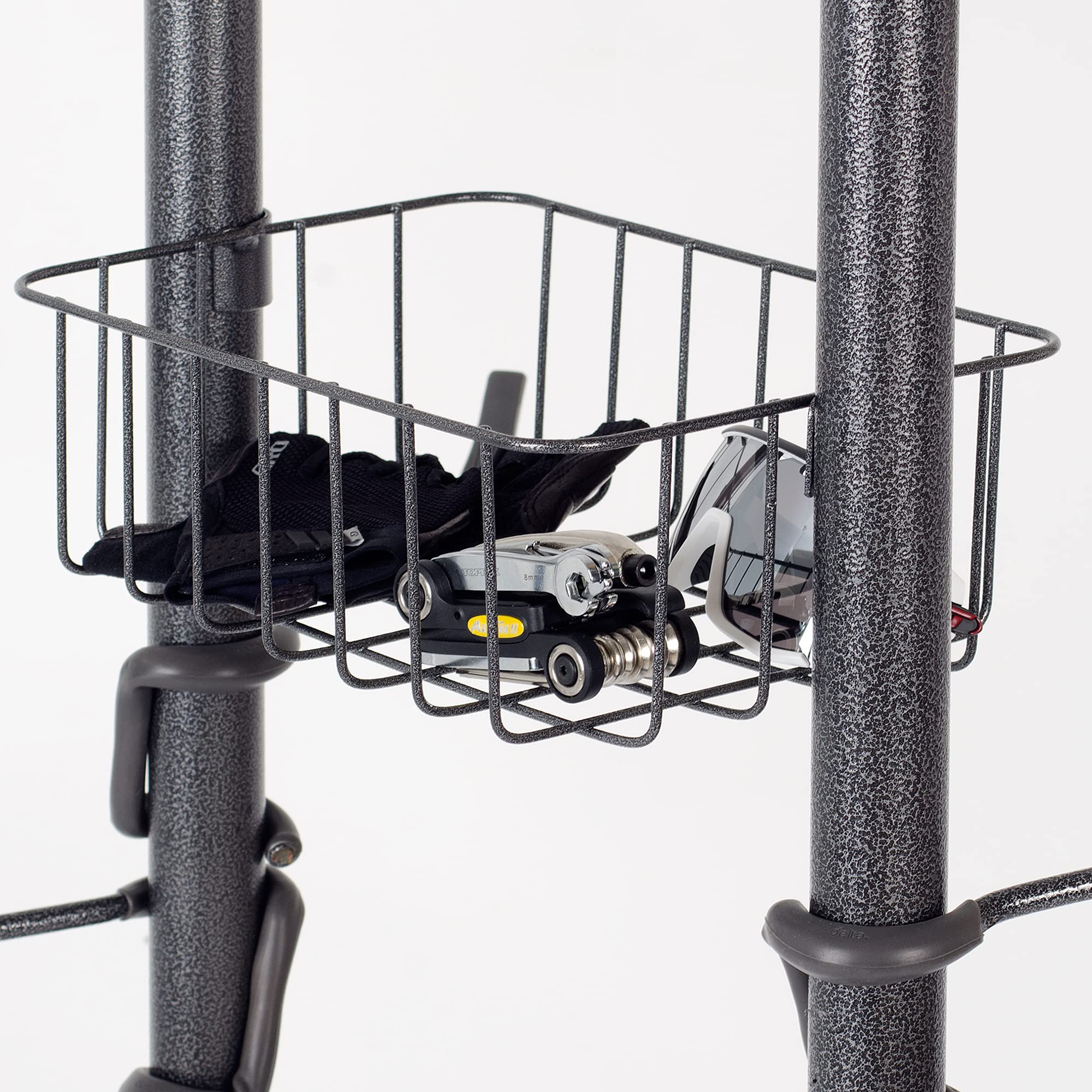 Delta Cycle 4 Bike Rack Garage - Bike Storage Rack with Basket - No Drilling Required - Fully Adjustable Vertical Bike Rack for Any Style Bicycle - Freestanding Wall Bike Rack Holds Up to 160 lbs