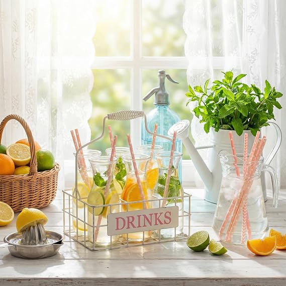 100 Pcs Pink Paper Straws, Disposable Paper Straws Drinking, 10 Pattern Cocktail Drinking Straw for Birthday, Coffee, Juice, Wedding, Holiday Gathering, Hen Do Party