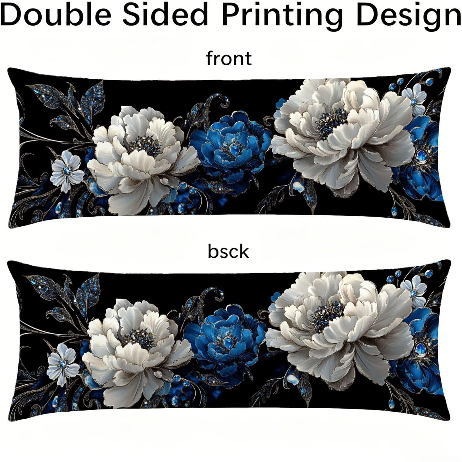 Funda de Almohada 60 x 180 cm Negro Protector Almohada 180 cm con Cremallera Invisible, Lino Durable y Transpirable Pillow Case Largas Flor Impresión a Doble Cara para Cama, Sofá y Dormitorio dg-164