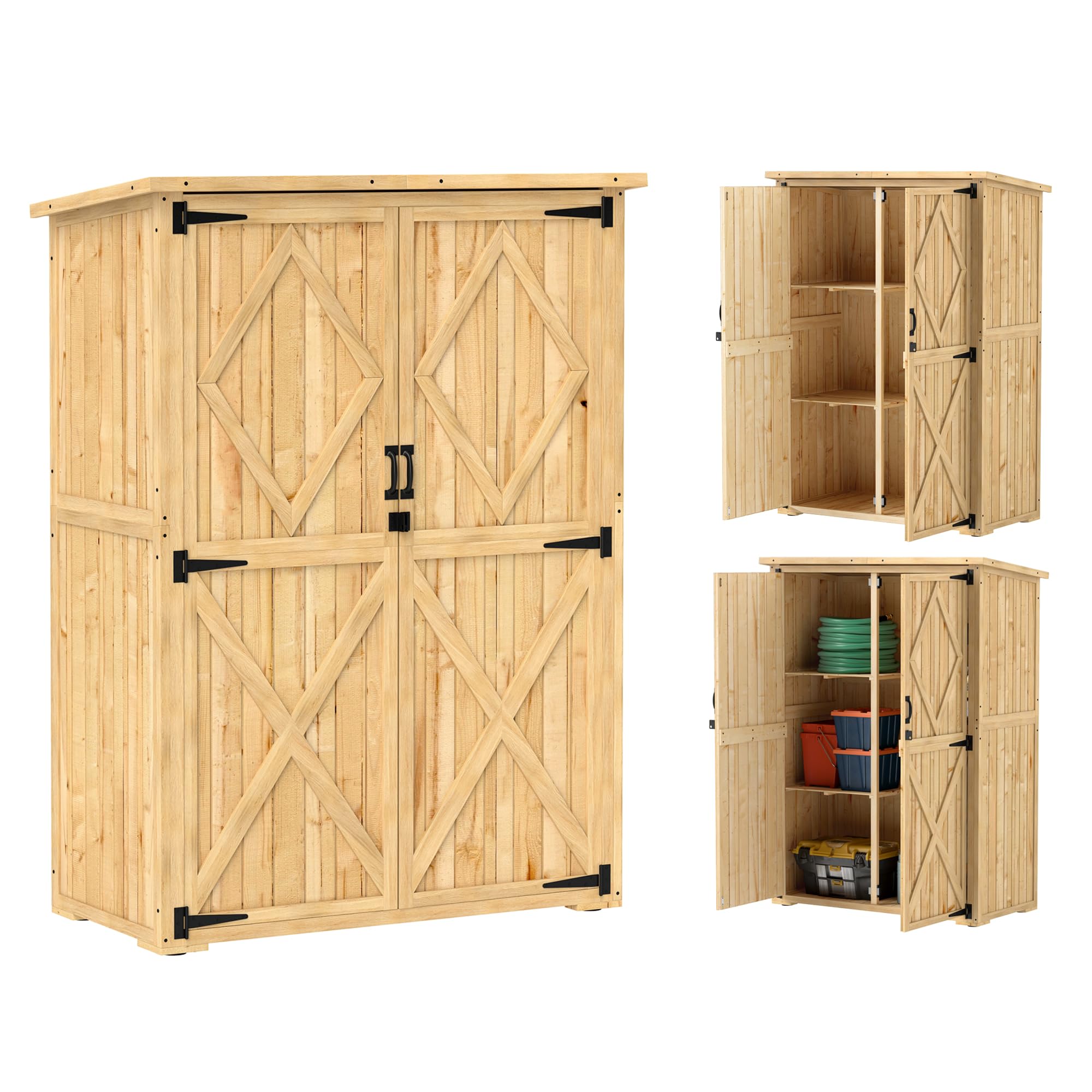 Outsunny Wooden Garden Storage Shed, Tool Storage Cabinet with Asphalt Roof and 2 Shelves for Garden Tools, Equipment, Outdoor Tool Shed with Double Doors, Natural