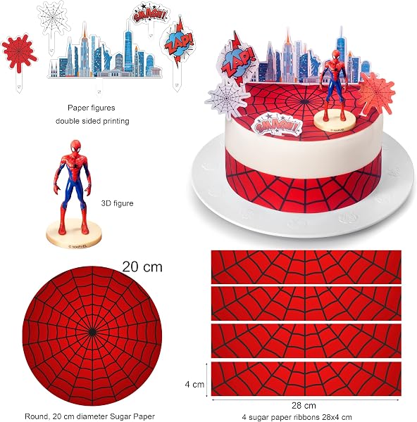 Kardasis Spider-Man dessus de gâteau avec Figurines | Topper comestible pour gâteaux | Décoration de gâteau pour l'anniversaire | 20cm + 4 rubans 28x4cm + 5 figurines + 1 figurine 3D - 2
