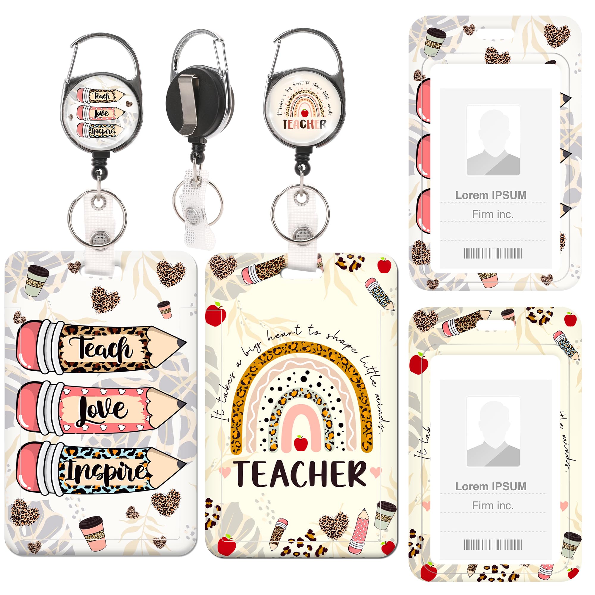 2 Pack Teacher Badge Holder with Retractable Reel Clip, Pencil Rainbow ID Holder with Inspirational Quotes Designs, Gifts for Teachers