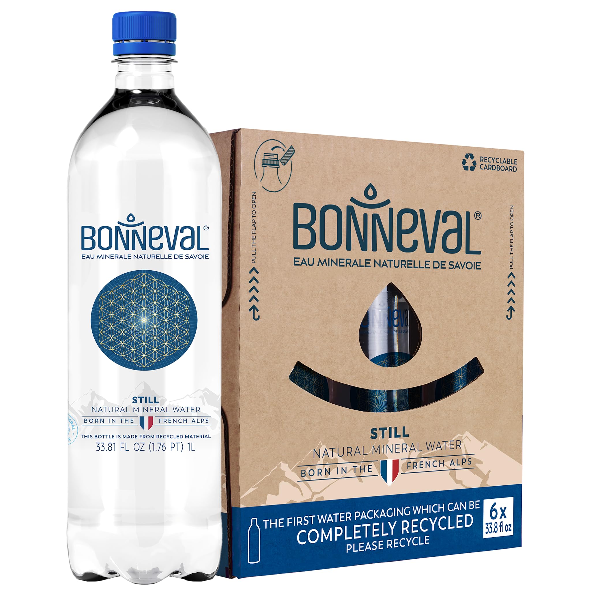 BONNEVAL - Natural Spring Water - 100% Pure Mineral Water from the French Alps - Naturally Filtered for 2000 Years - Rich in Electrolytes - Eco-Friendly 100% RPET Bottles tethered caps - 6 pack, 33.8 FL OZ