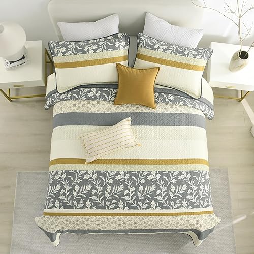 Miniatura 7 de Finlonte Juego de edredón tamaño King, 100% algodón, ligero, suave, gris, beige, vintage, acolchado, a rayas, floral, reversible, juego de ropa de