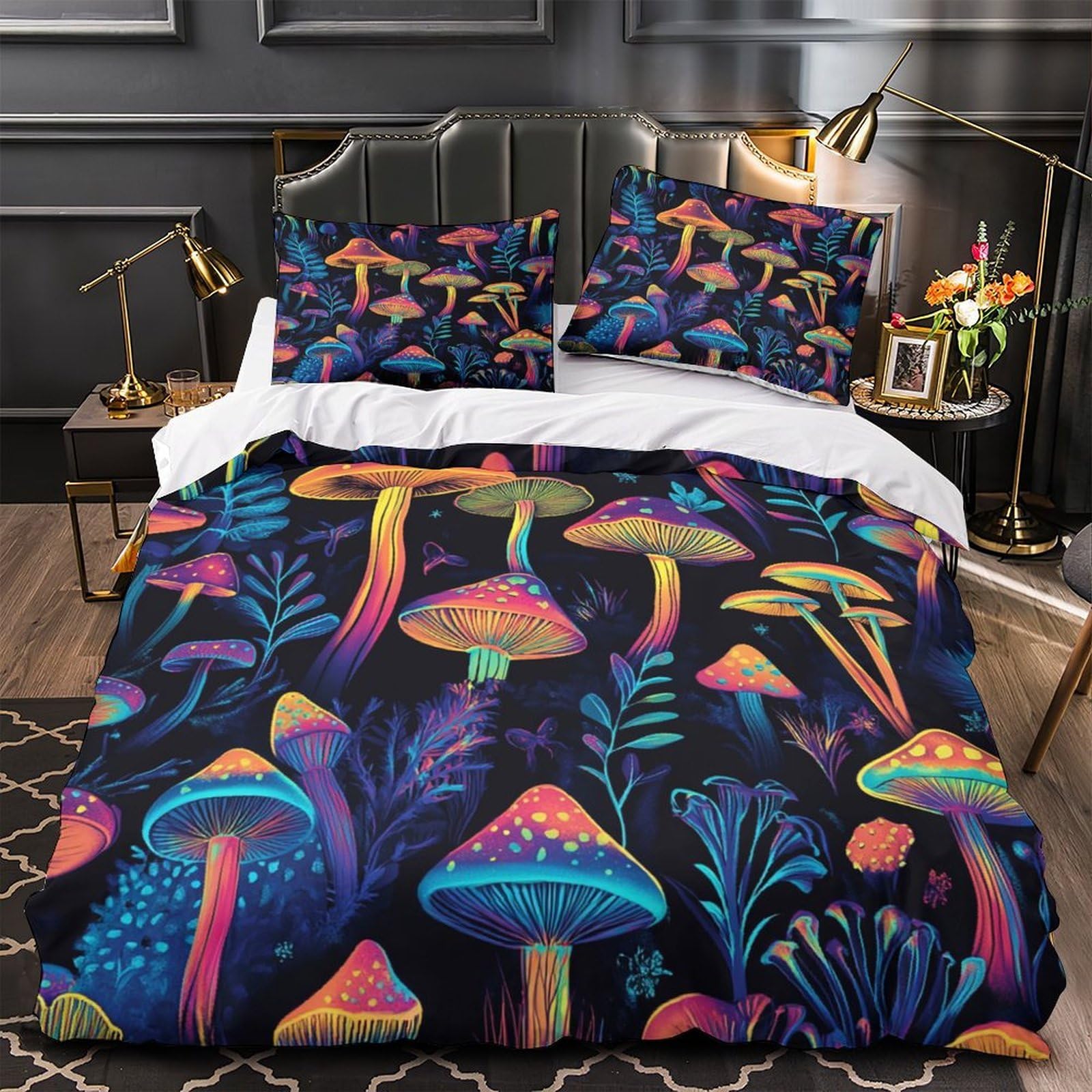 Housse de couette champignons néon 3D king size en microfibre pour chambre ado