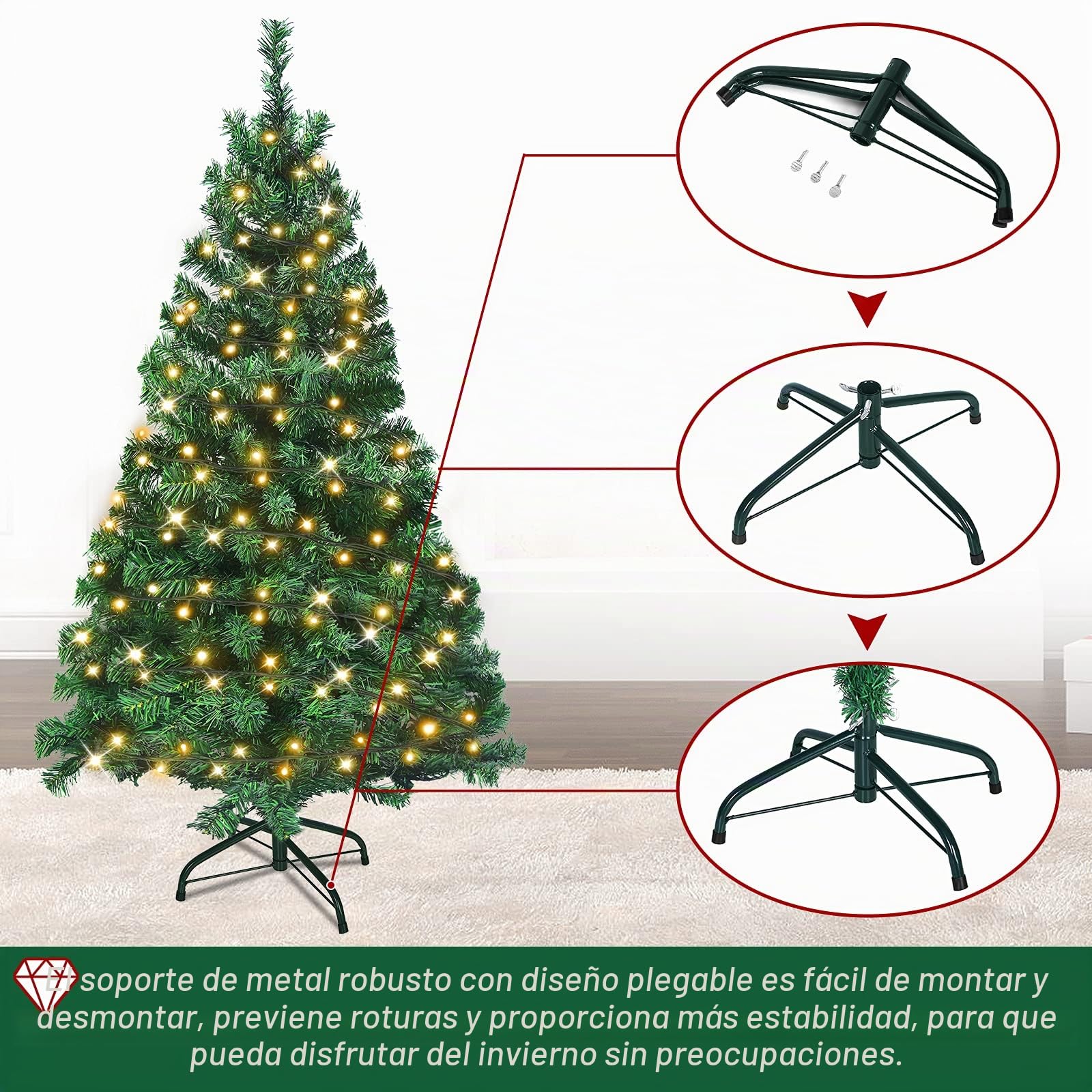HENGMEI PVC Árbol de Navidad Artificial con Iluminación 210 cm LED con Soporte Decoración de Navidad (210 cm 350 Luces)